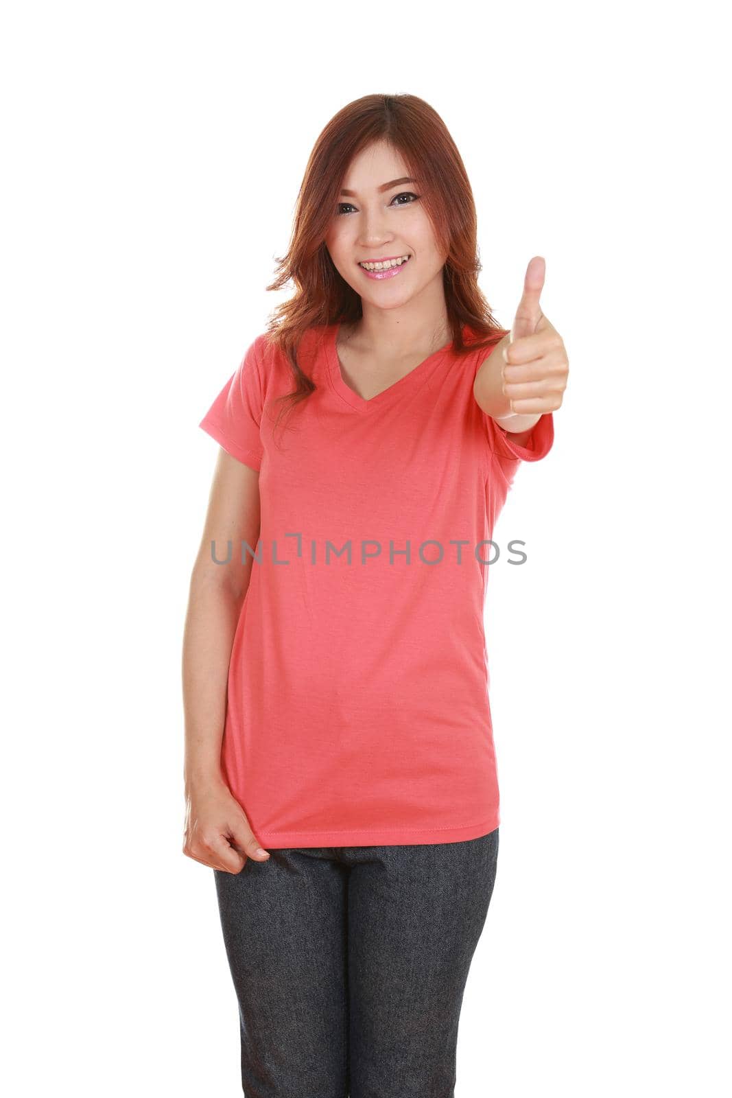 woman in blank t-shirt with thumbs up by geargodz