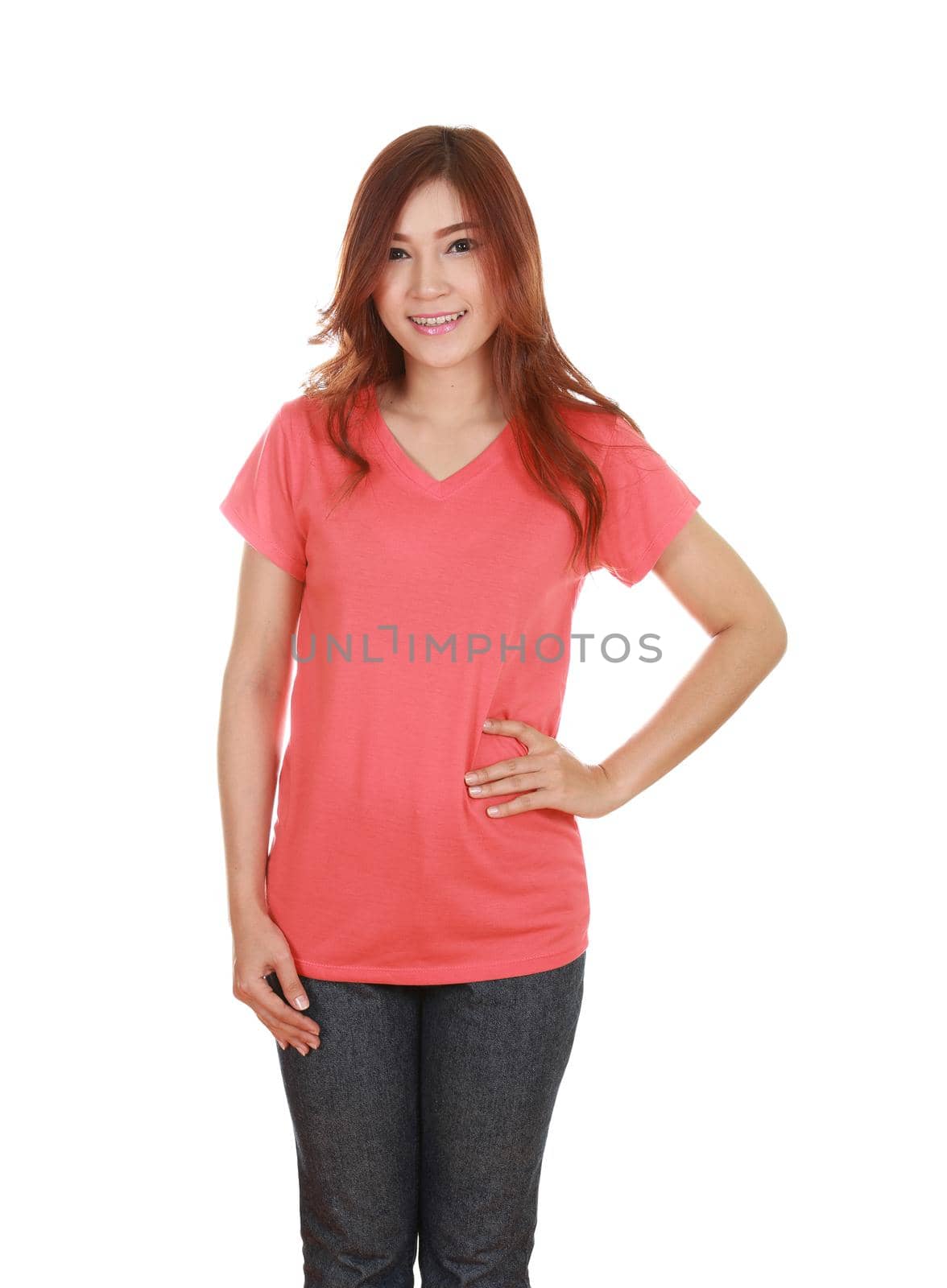 young beautiful female with blank t-shirt isolated on white background