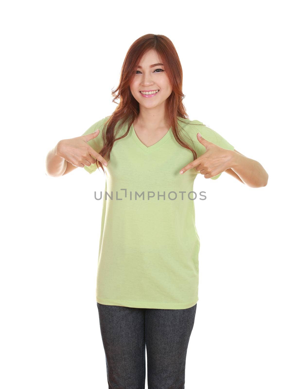 young beautiful female with blank green t-shirt isolated on white background