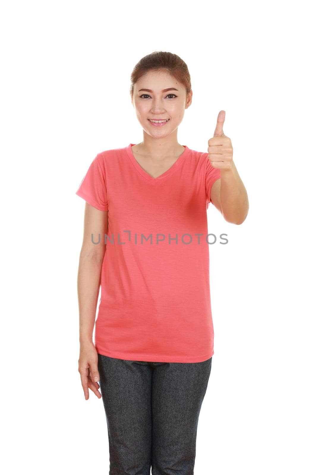 woman in blank t-shirt with thumbs up isolated on white background