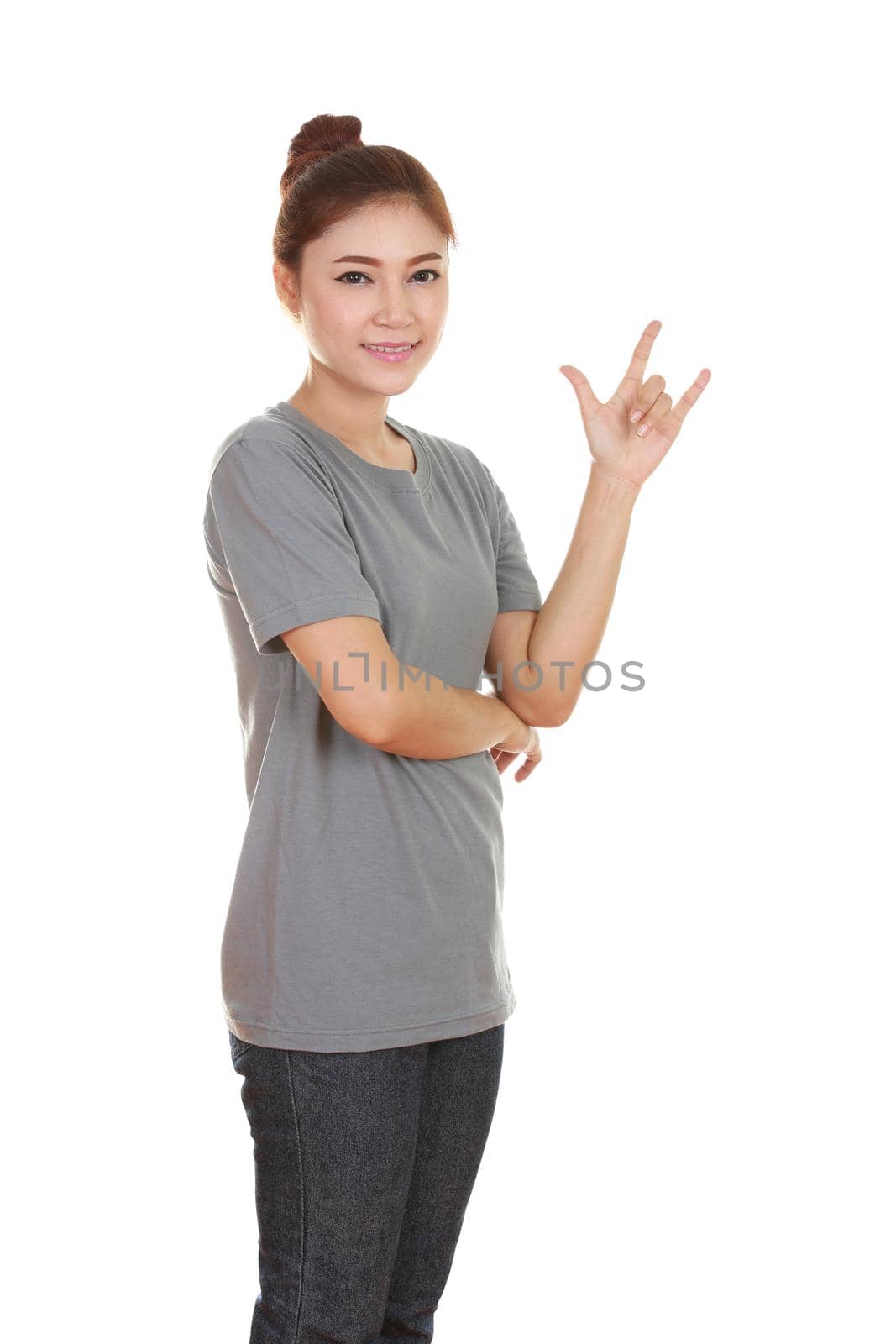 woman in gray t-shirt with hand sign I love you isolated on white background