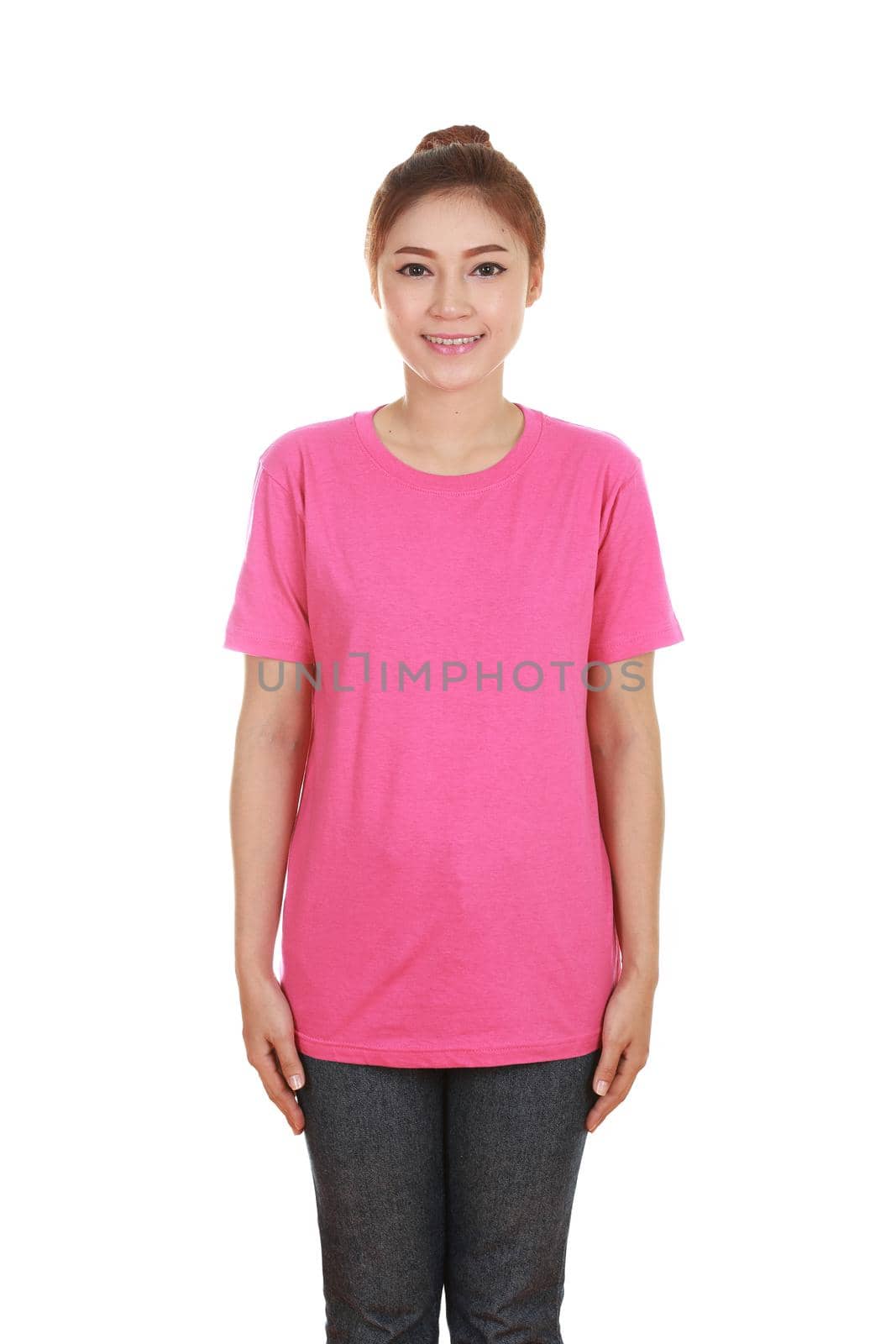 young beautiful female with blank pink t-shirt isolated on white background