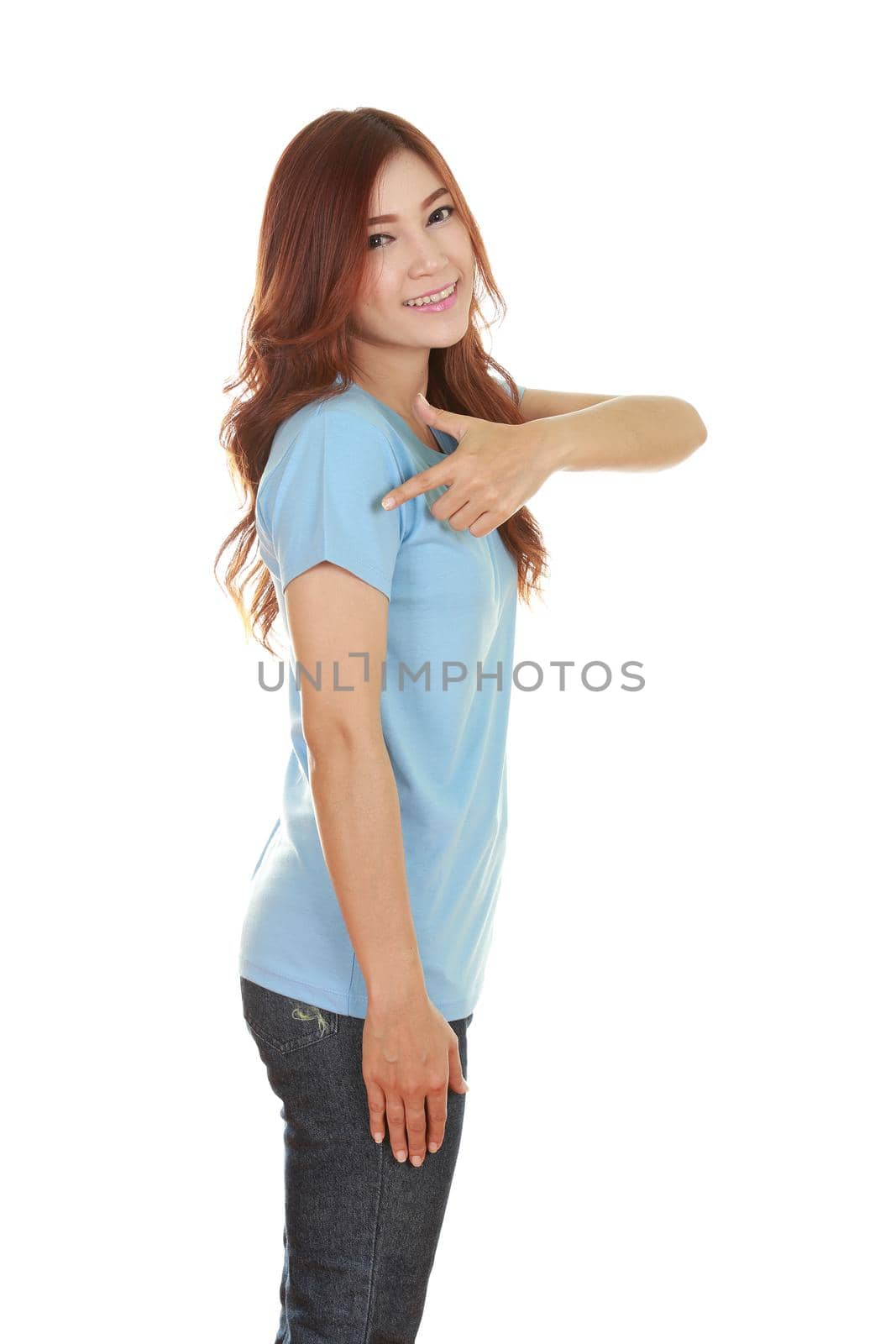 young beautiful female with blue t-shirt (side view) isolated on white background