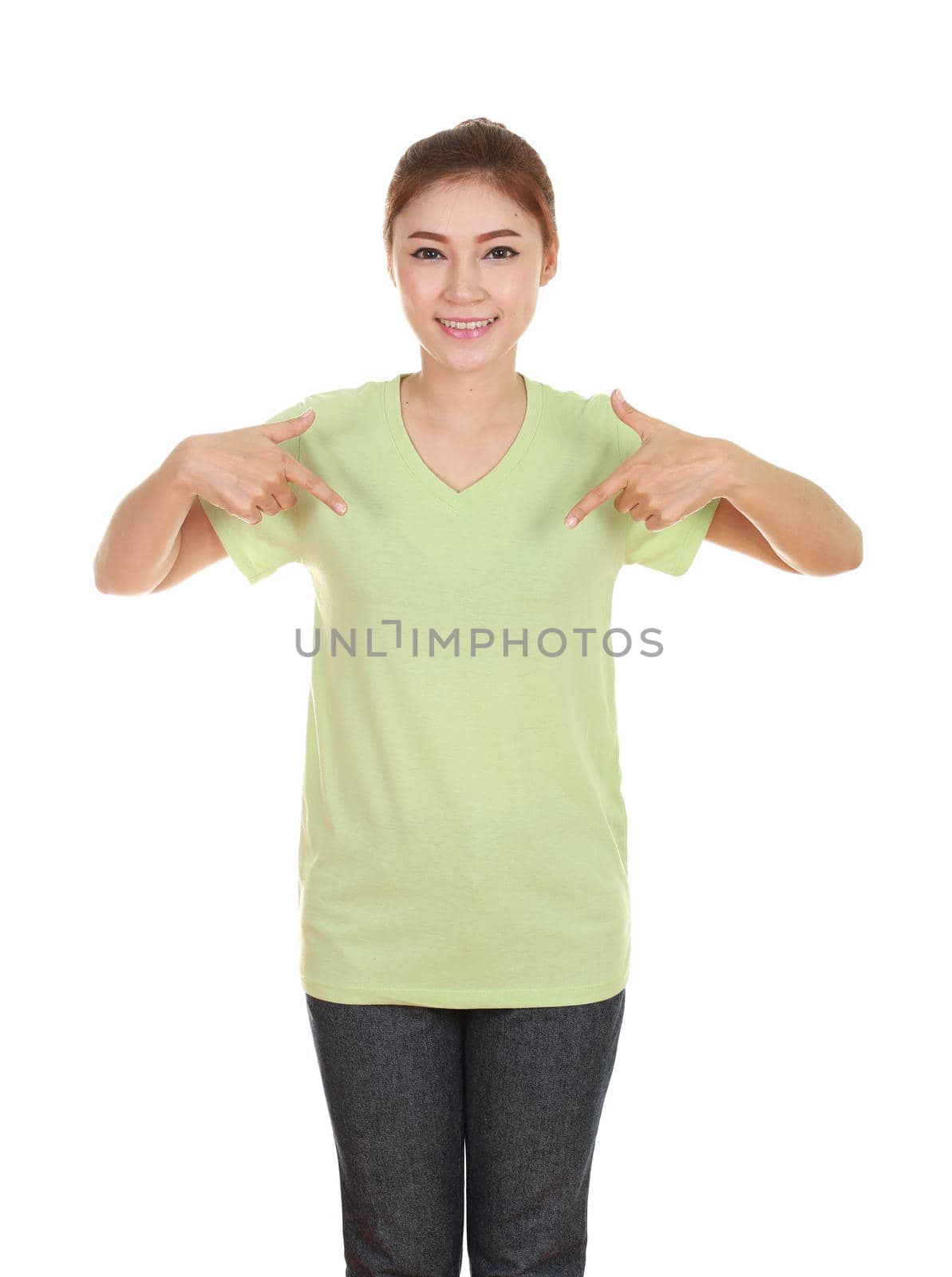 young beautiful female with blank green t-shirt isolated on white background