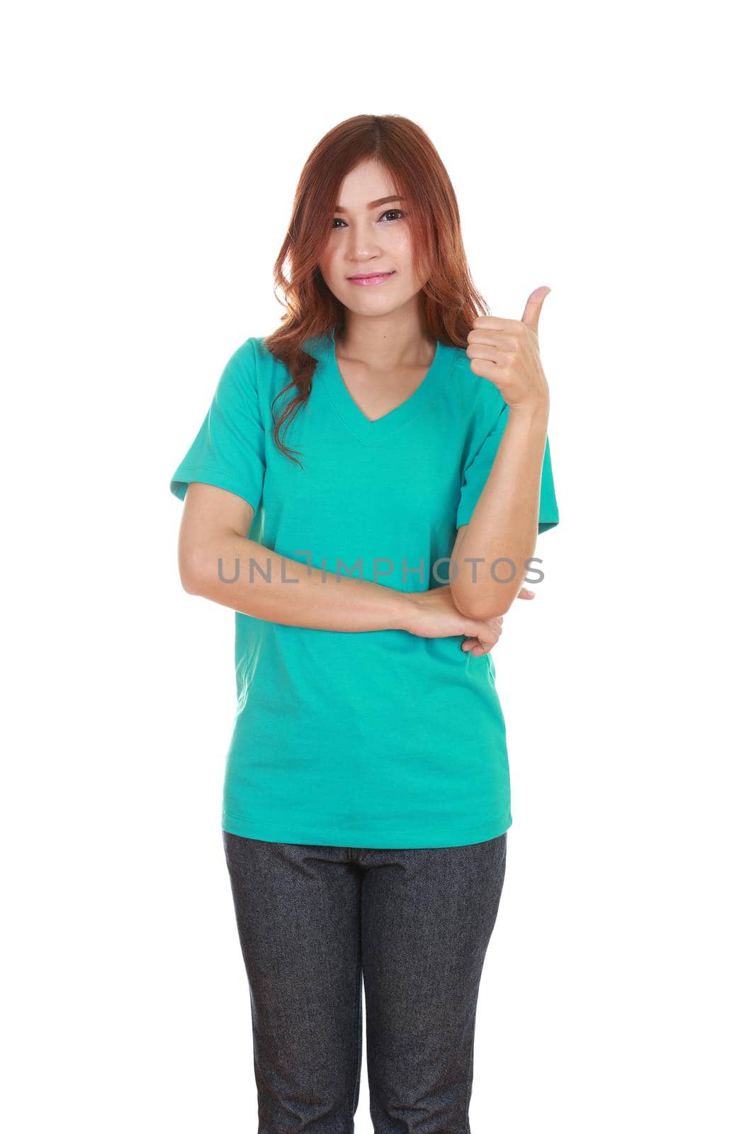 woman in blank t-shirt with thumbs up by geargodz