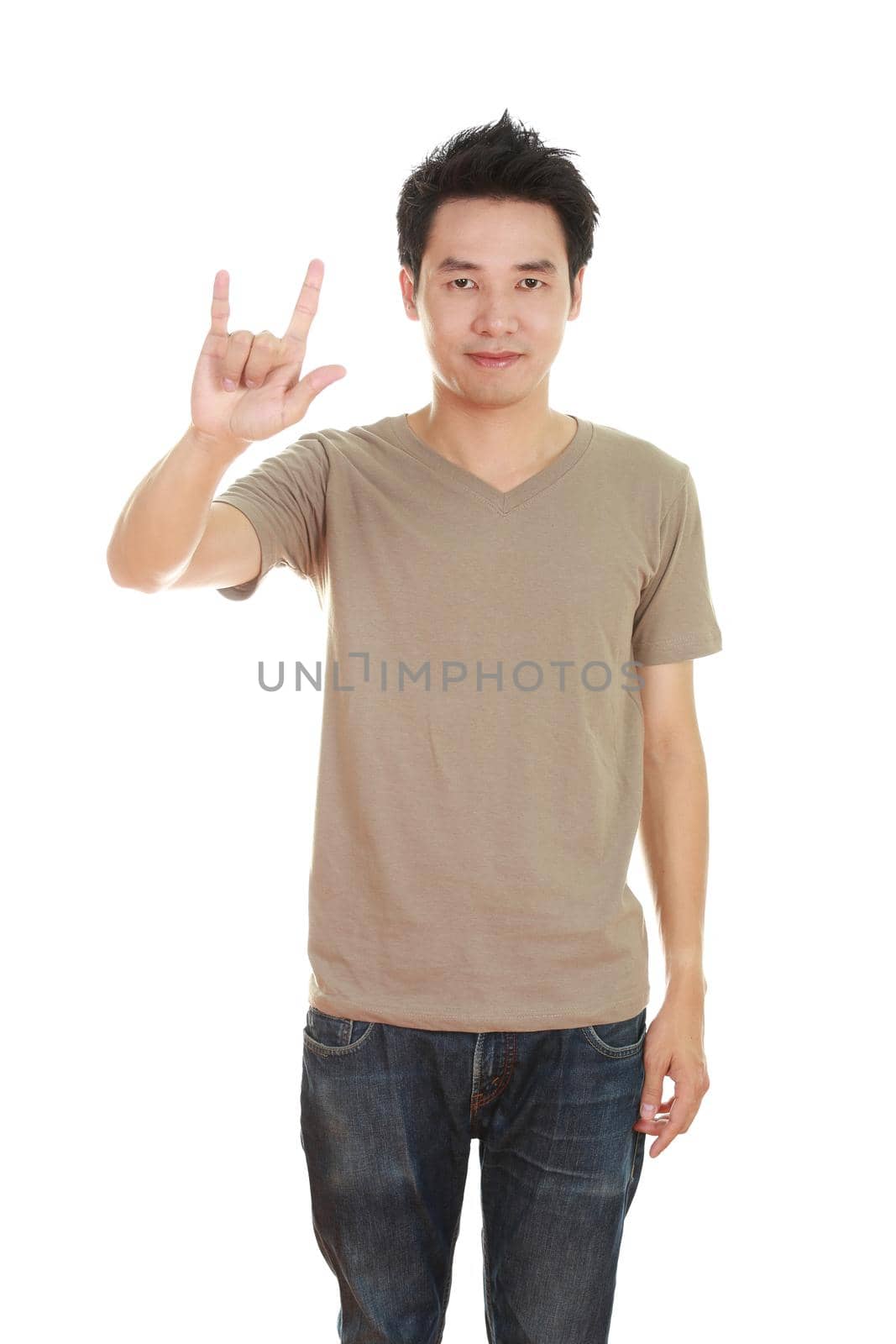 man in t-shirt with hand sign I love you by geargodz