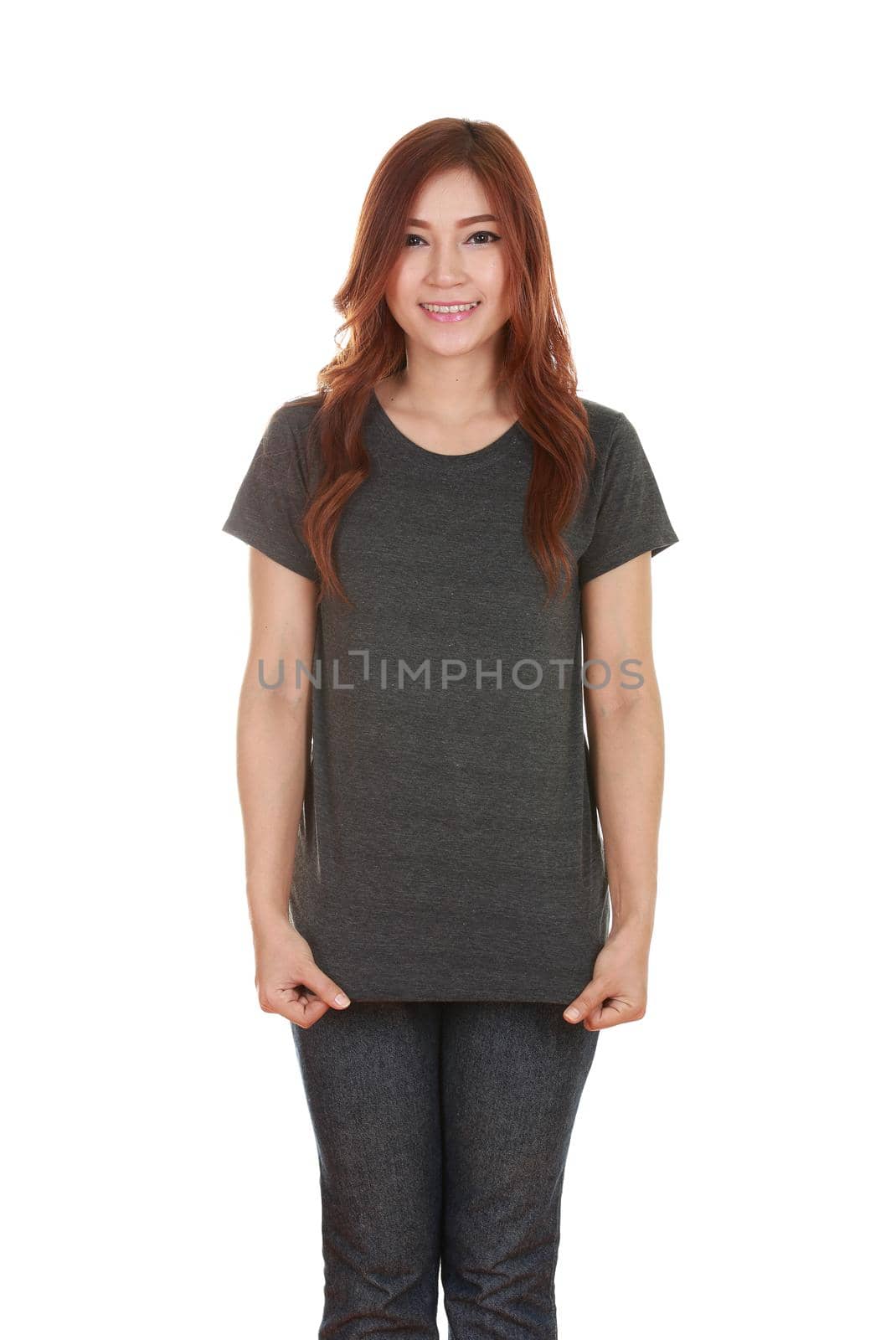 young beautiful female with blank black t-shirt isolated on white background