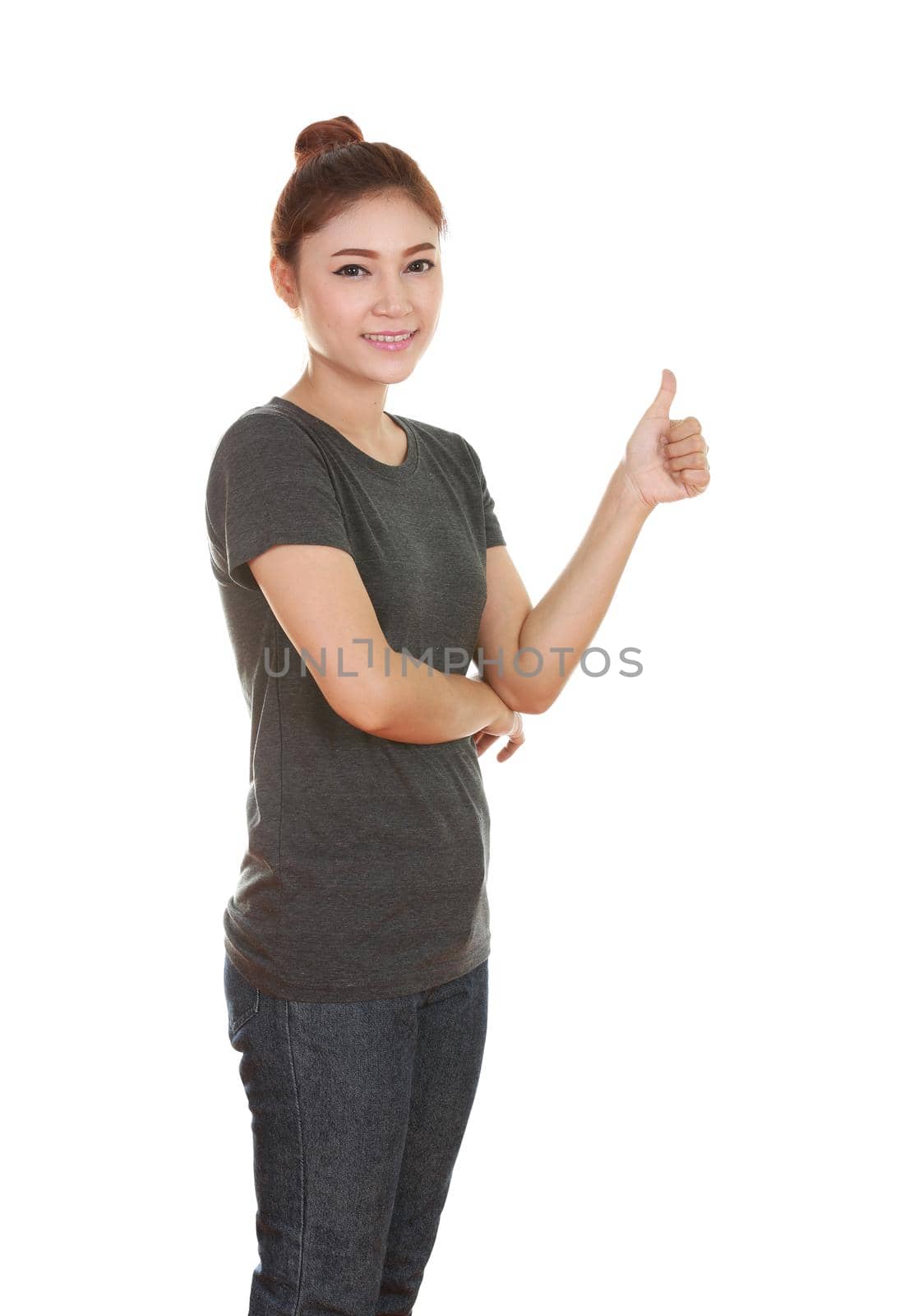 woman in blank black t-shirt with thumbs up isolated on white background