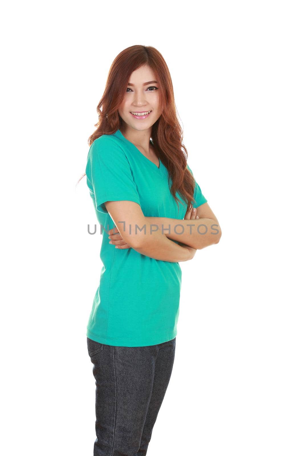 woman with arms crossed, wearing t-shirt by geargodz