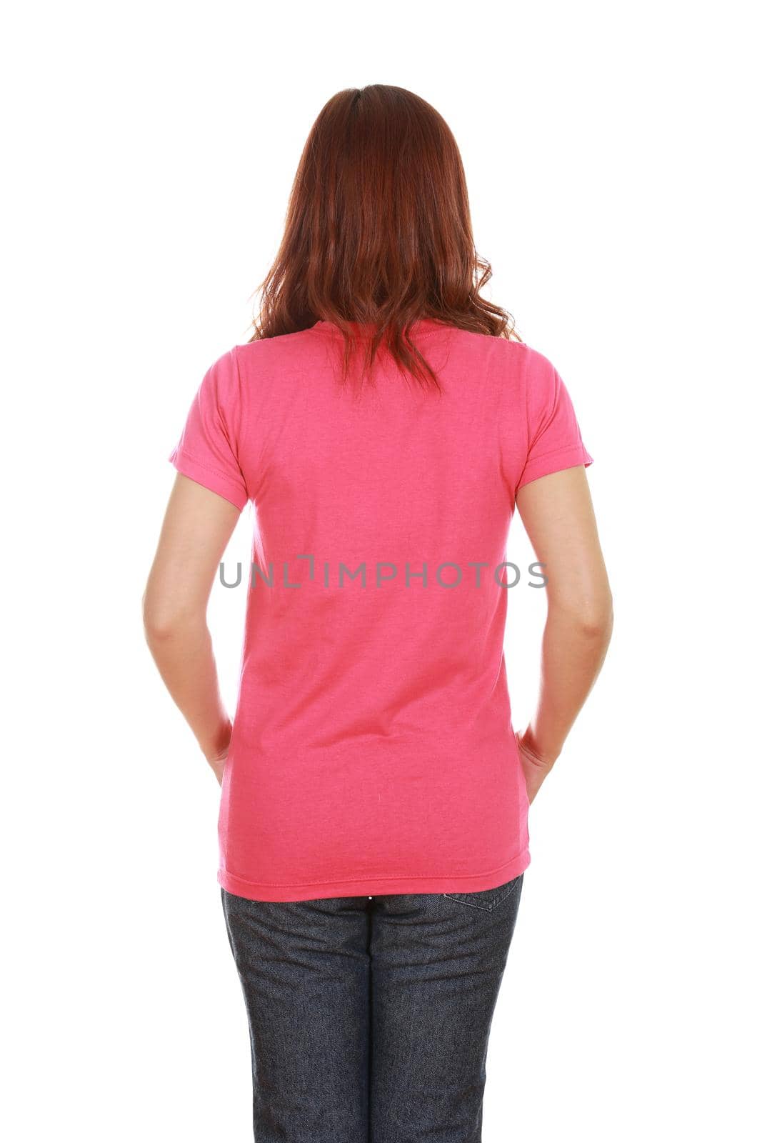 female with blank pink t-shirt (back side) isolated on white background