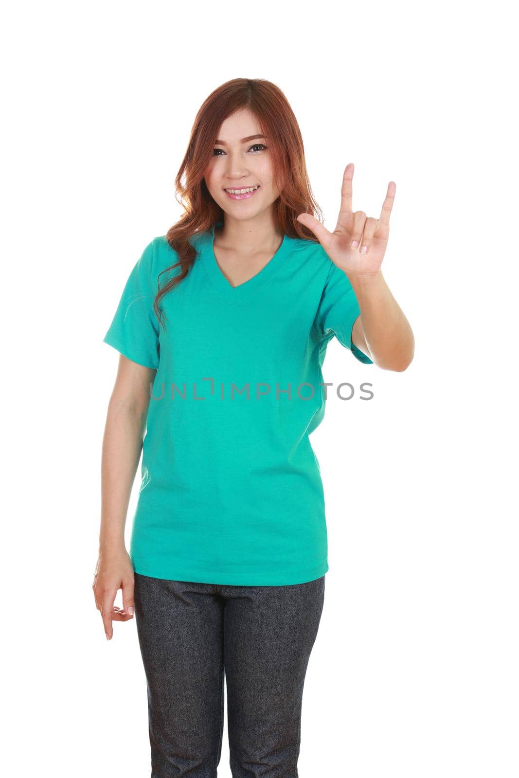 woman in green t-shirt with hand sign I love you isolated on white background