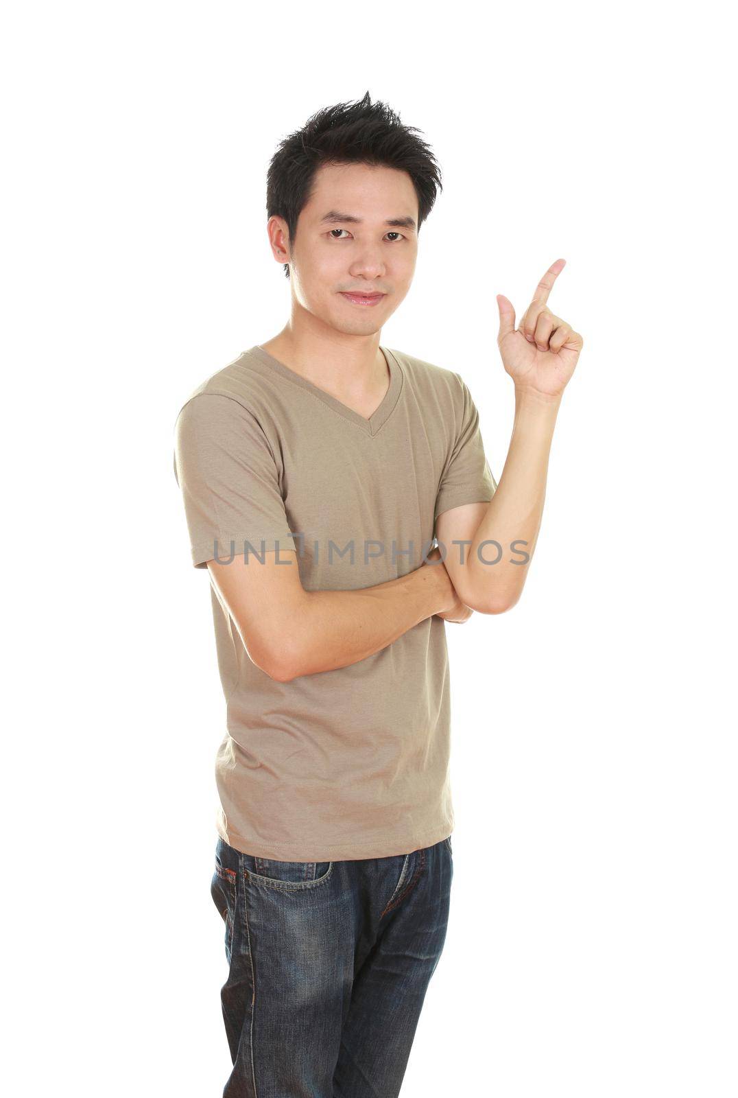 man think of idea with brown t-shirt isolated on white background