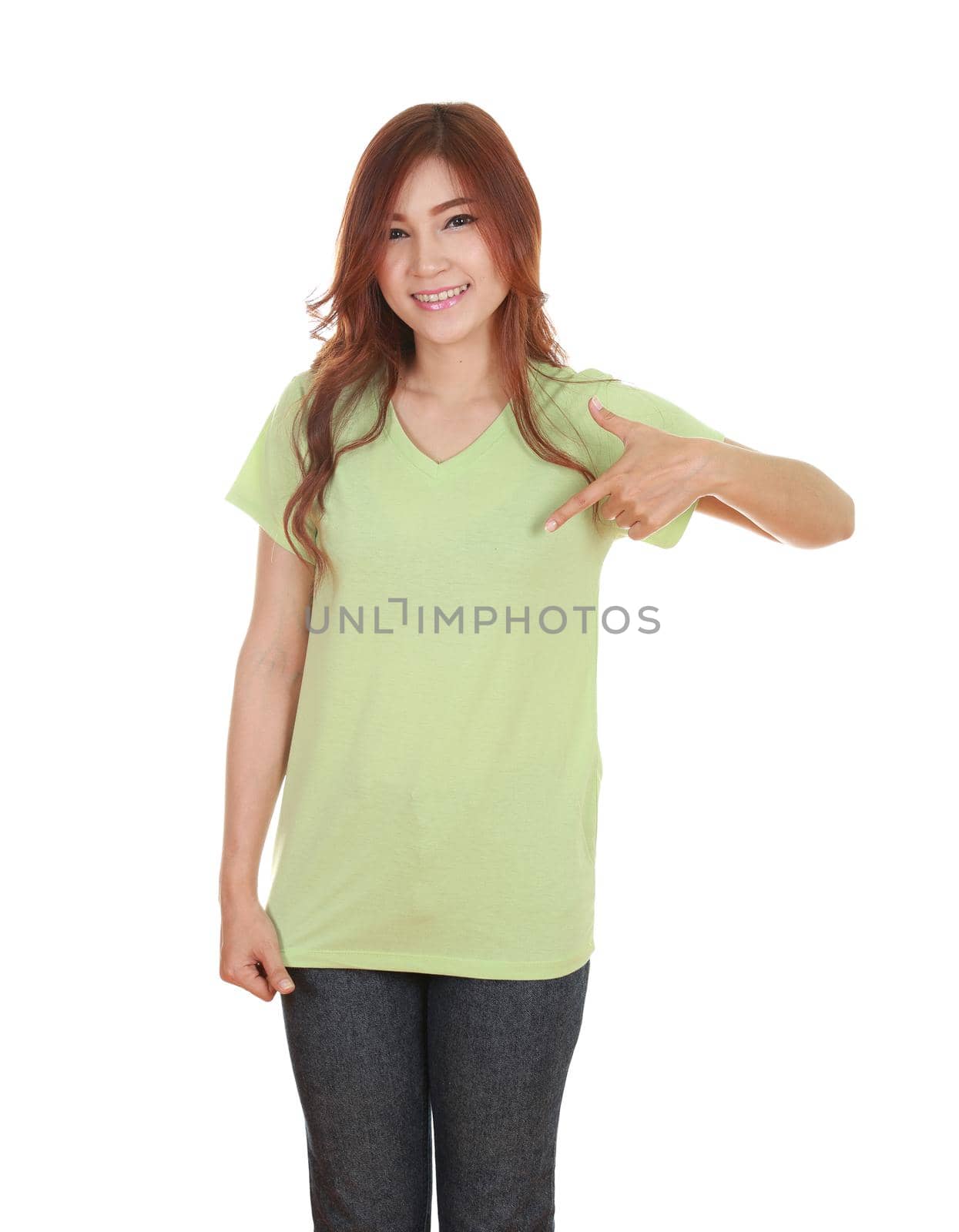 young beautiful female with blank green t-shirt isolated on white background