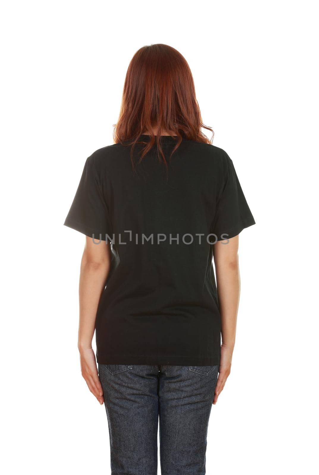 female with blank black t-shirt (back side) isolated on white background