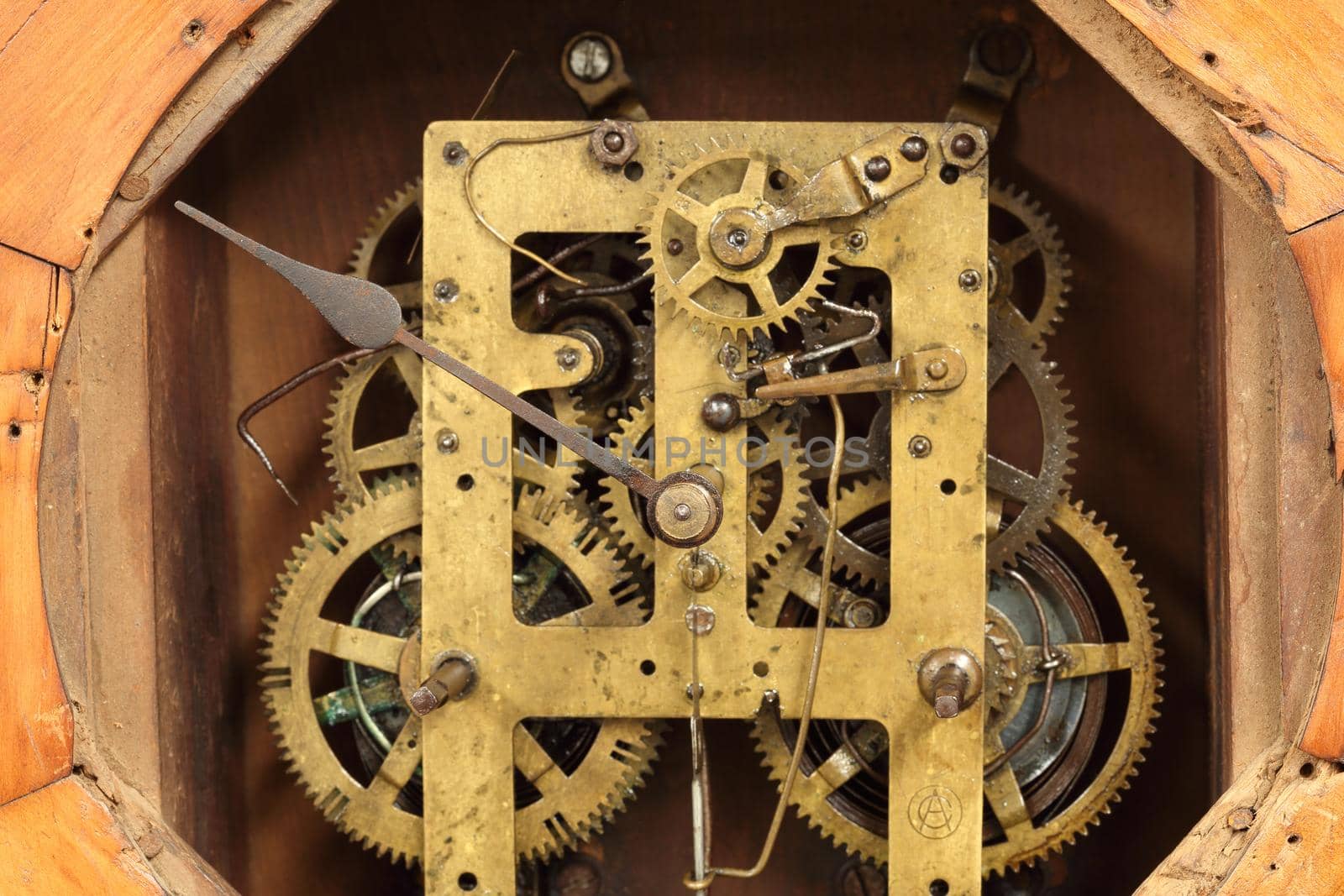 Close up view of vintage clock's gears