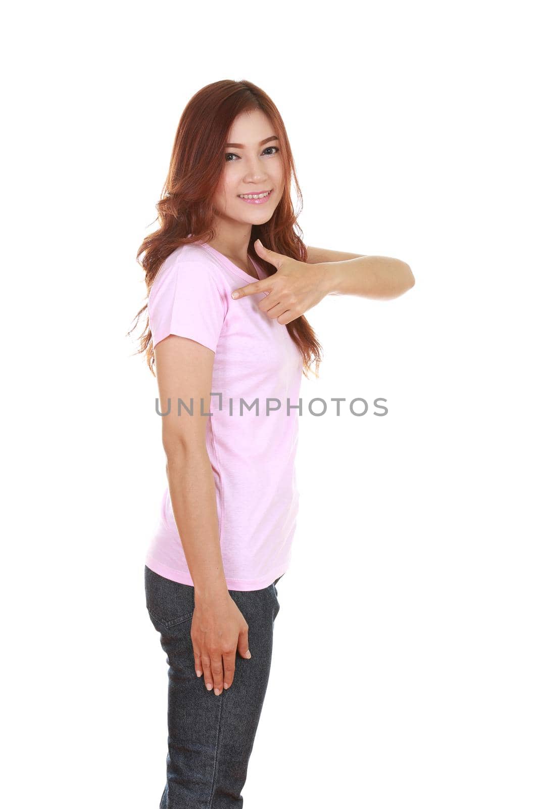 young beautiful female with pink t-shirt (side view) isolated on white background