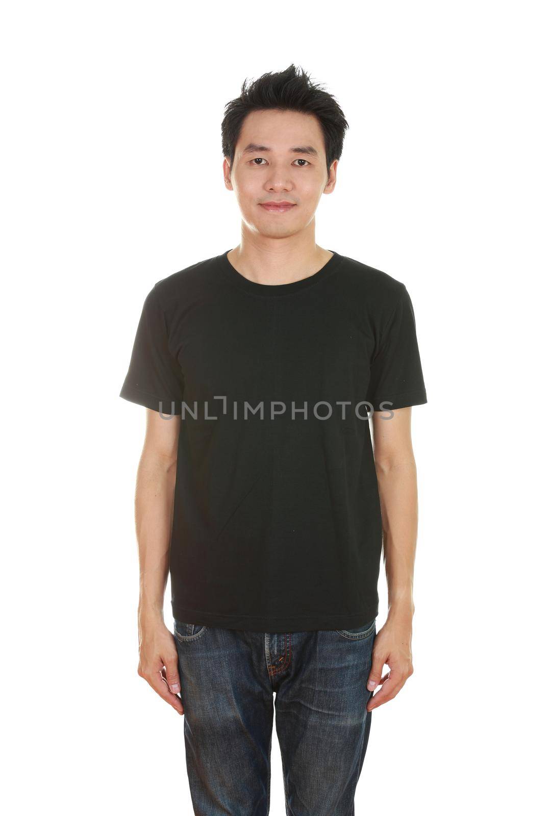 man with blank black t-shirt isolated on white background