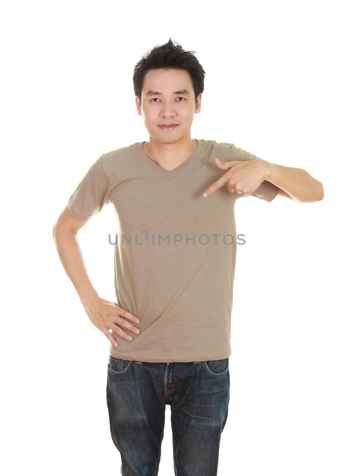 man with blank brown t-shirt isolated on white background