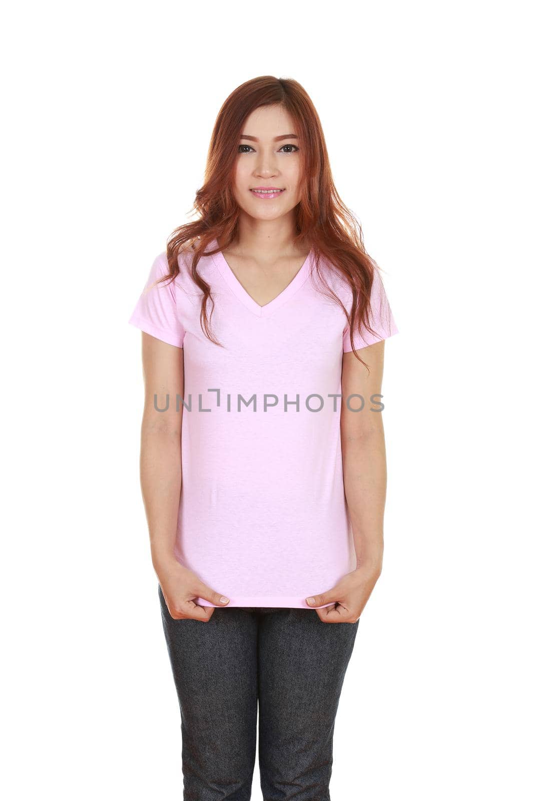 young beautiful female with blank pink t-shirt isolated on white background