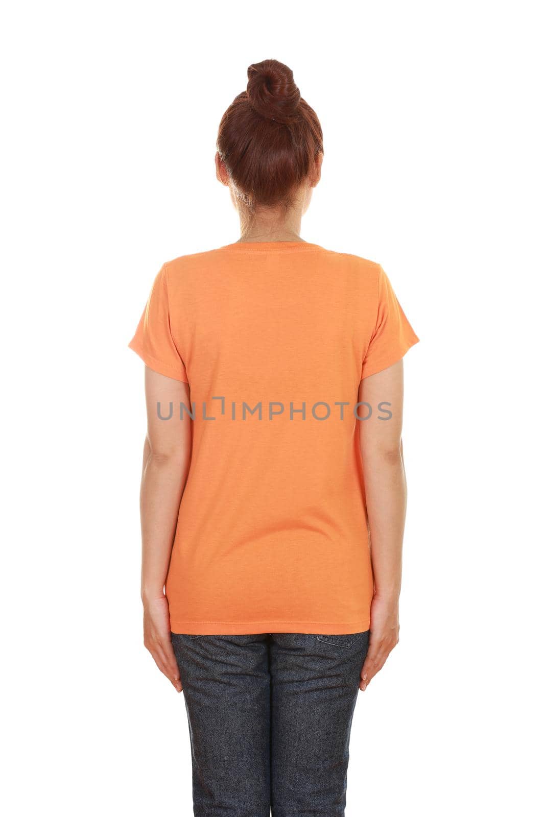 female with blank orange t-shirt (back side) isolated on white background