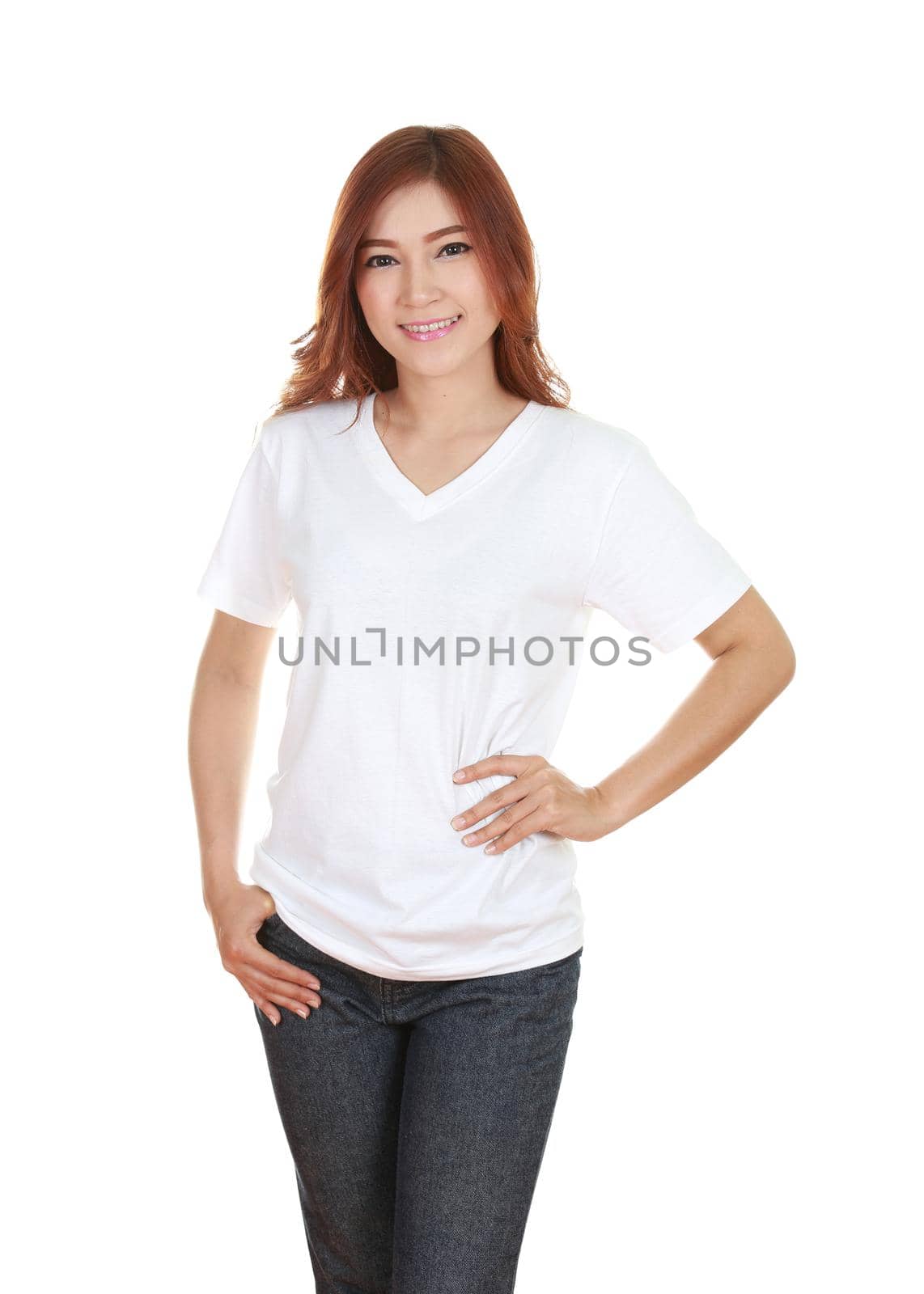 young beautiful female with blank white t-shirt isolated on white background