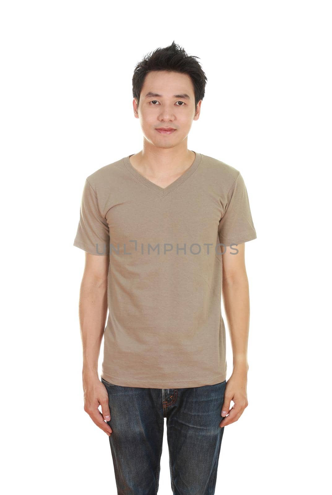 man with blank brown t-shirt isolated on white background