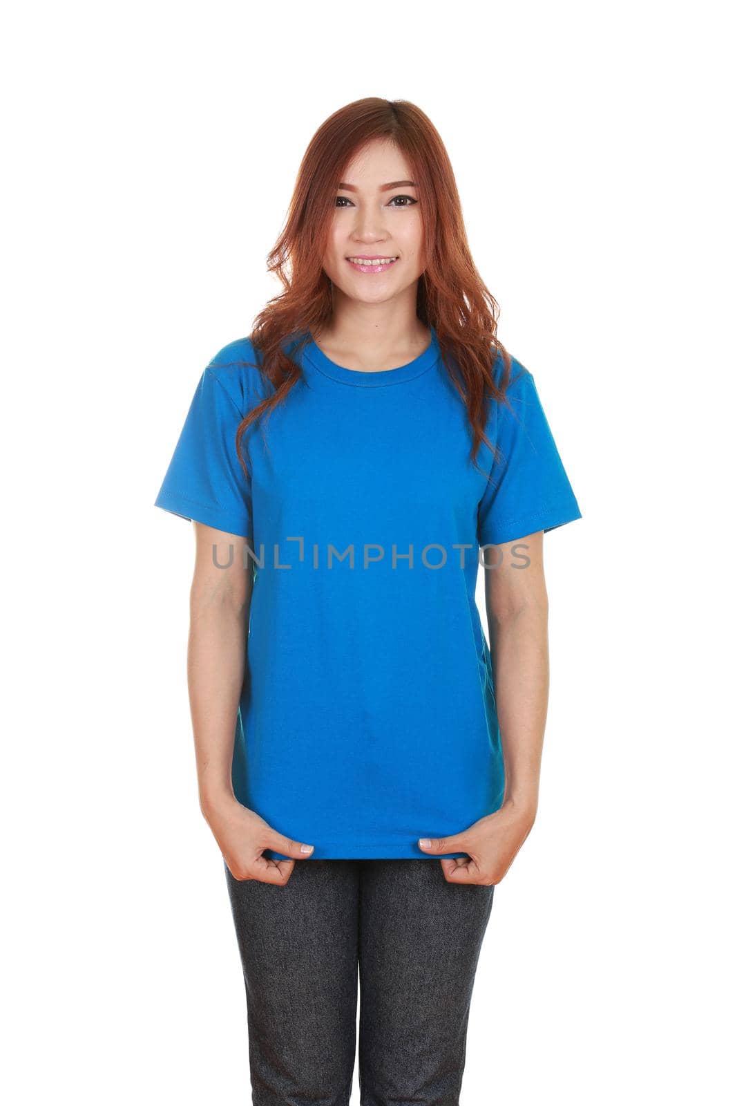 young beautiful female with blank blue t-shirt isolated on white background