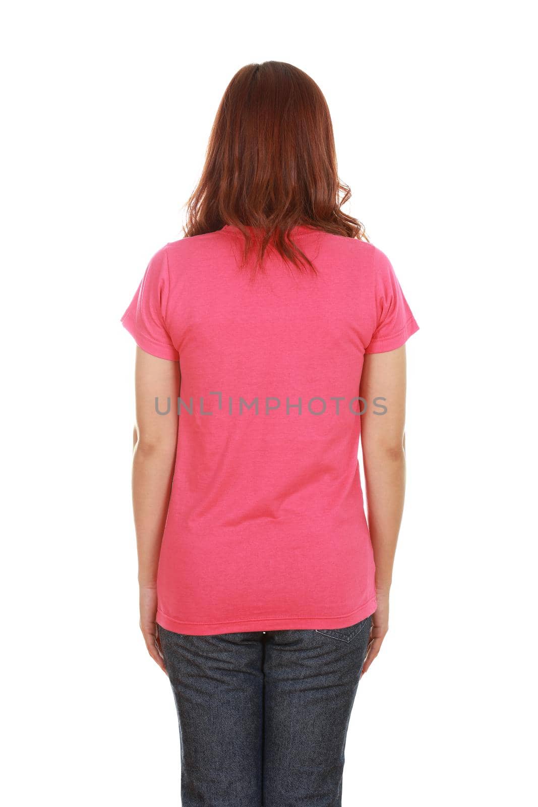 female with blank pink t-shirt (back side) isolated on white background