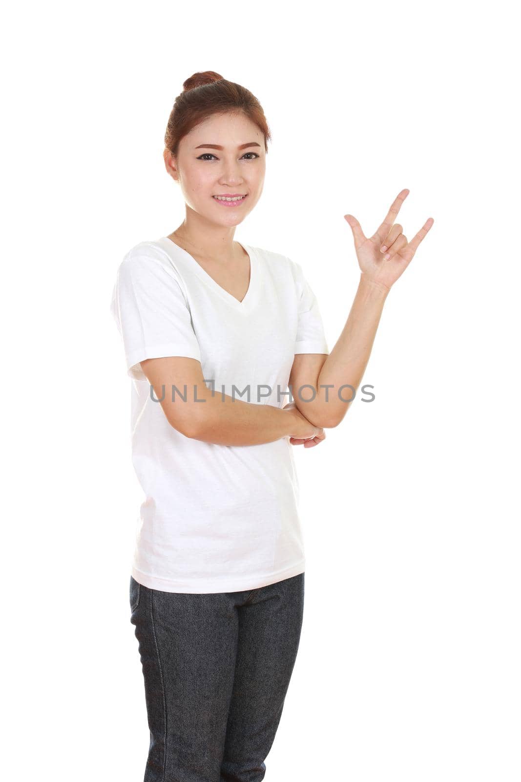 woman in t-shirt with hand sign I love you isolated on white background