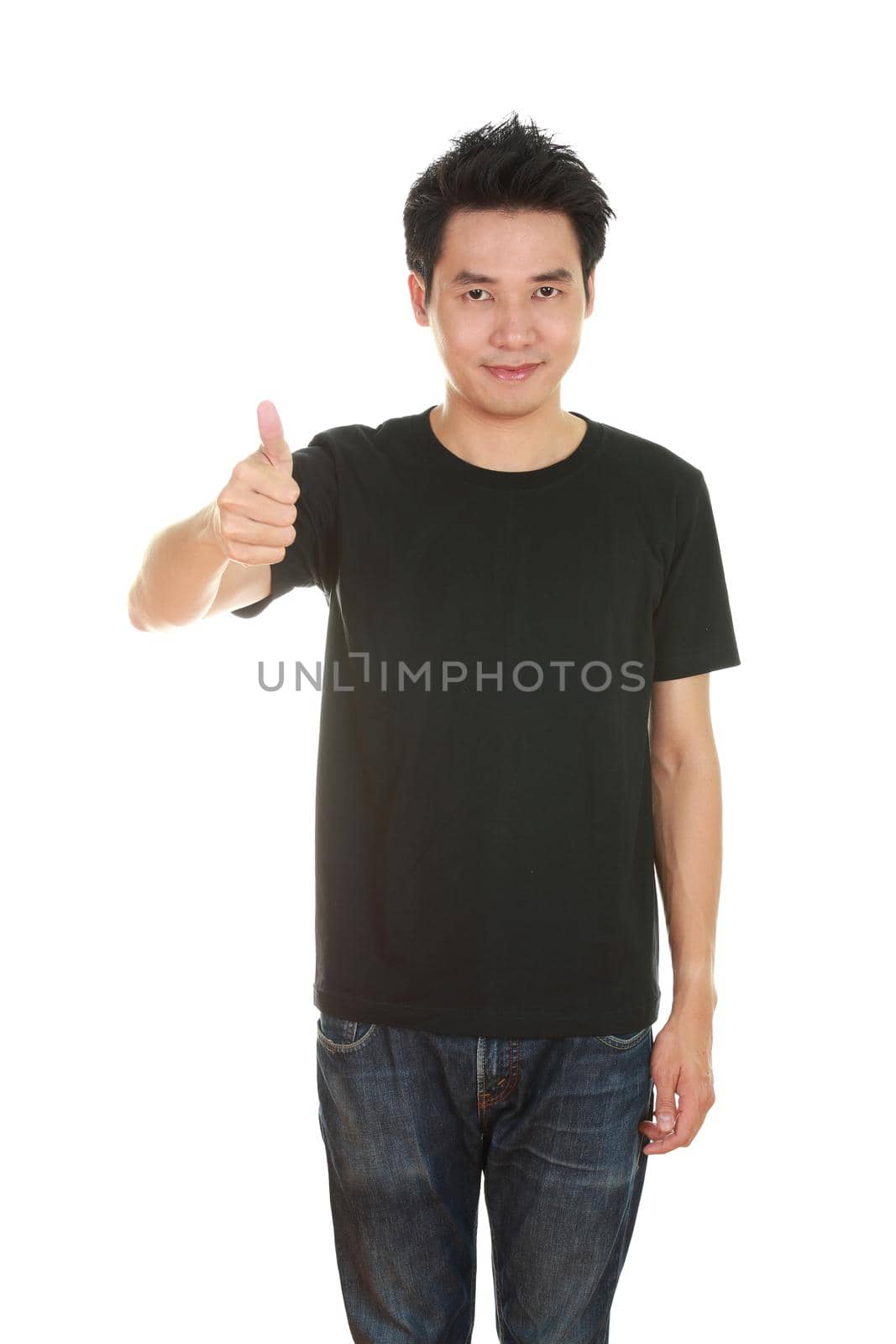 man in blank black t-shirt with thumbs up isolated on white background