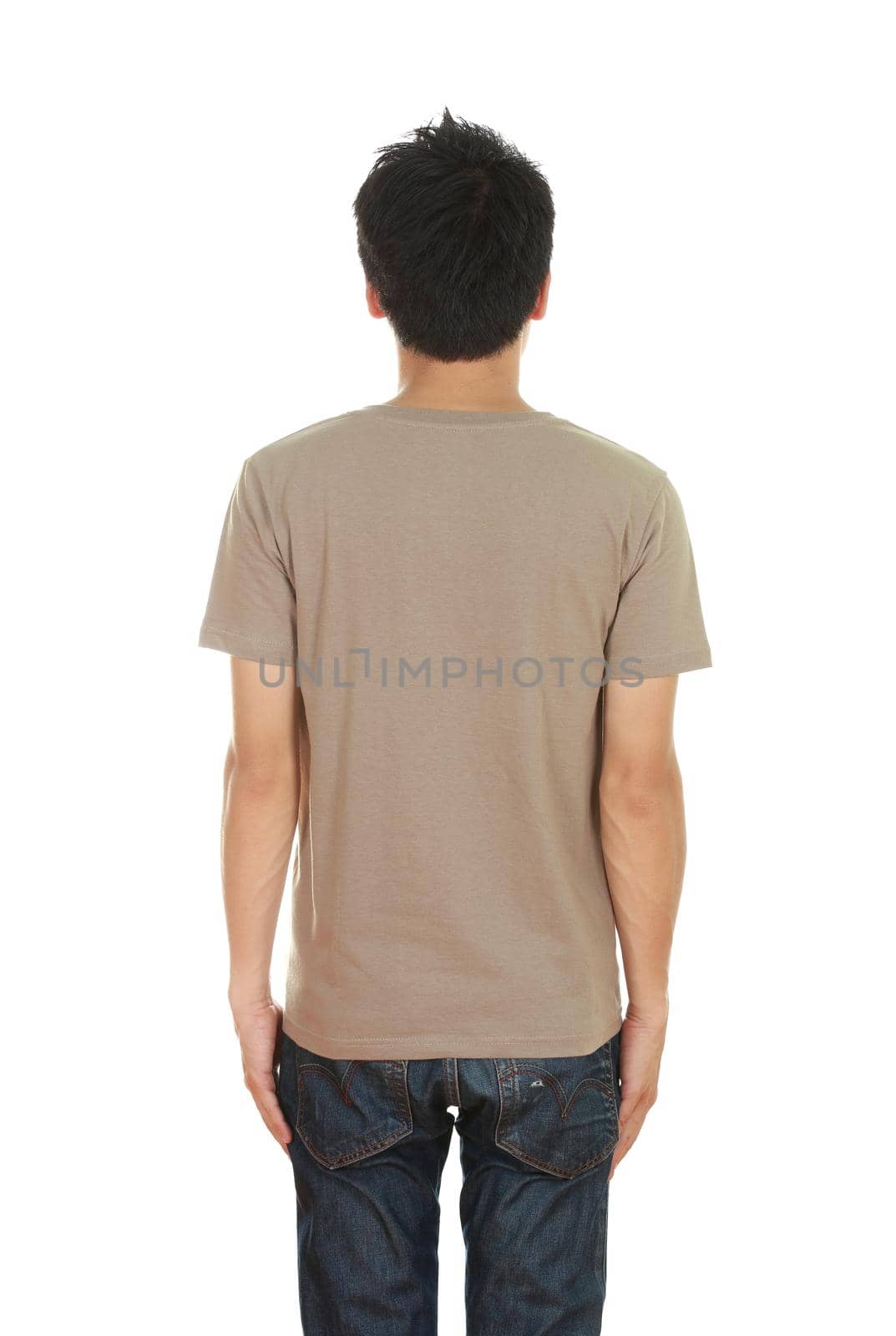 man with blank brown t-shirt (back side) isolated on white background
