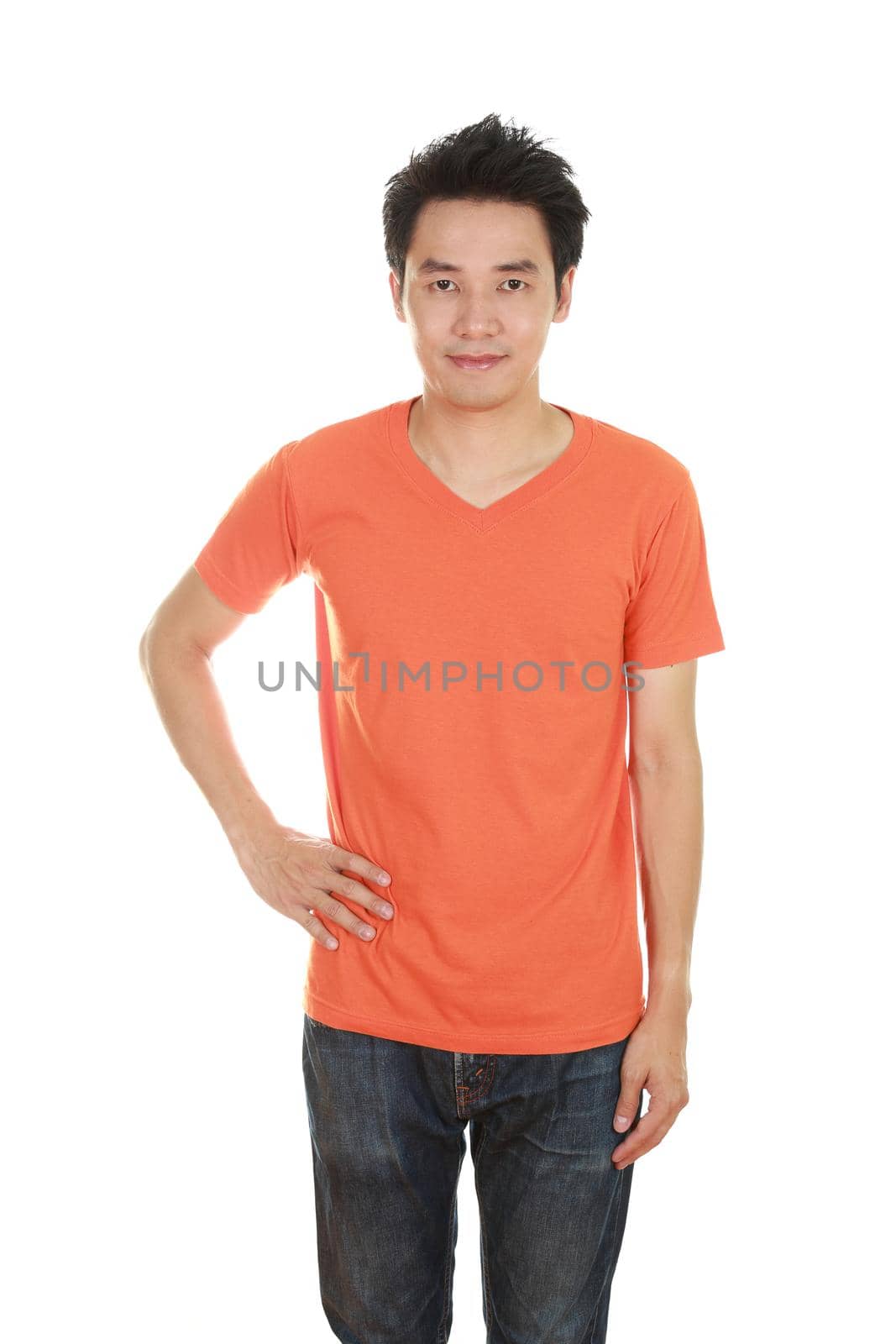 man with blank orange t-shirt isolated on white background