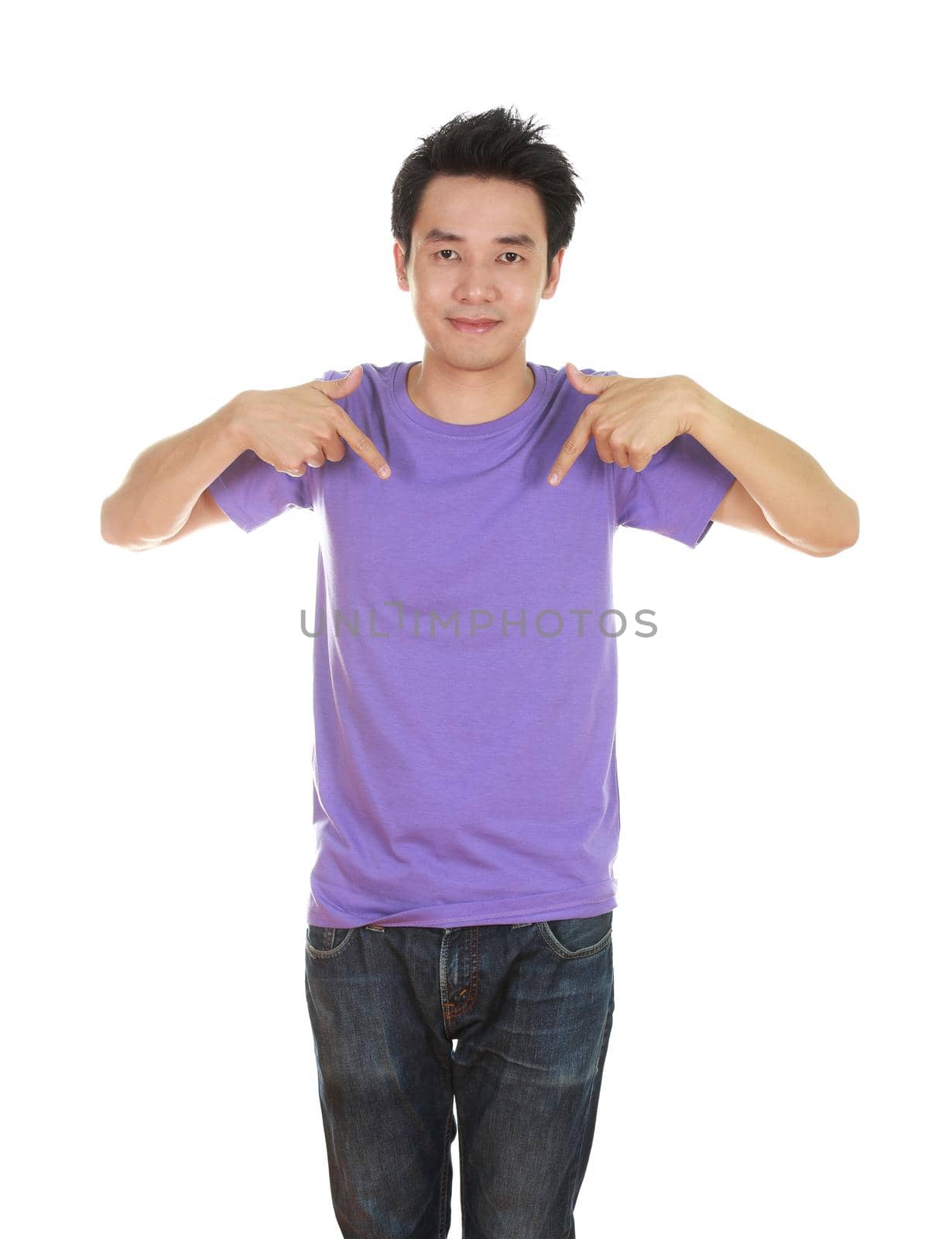 man with blank purple t-shirt isolated on white background