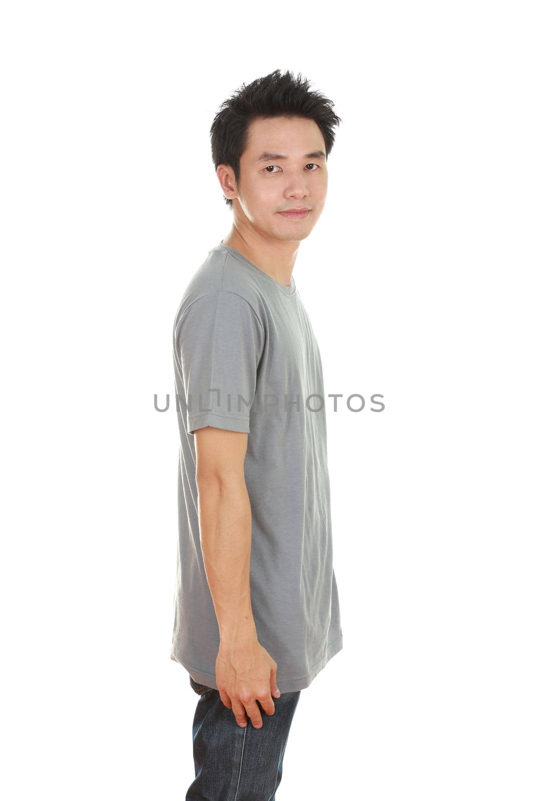 man with gray t-shirt (side view) isolated on white background