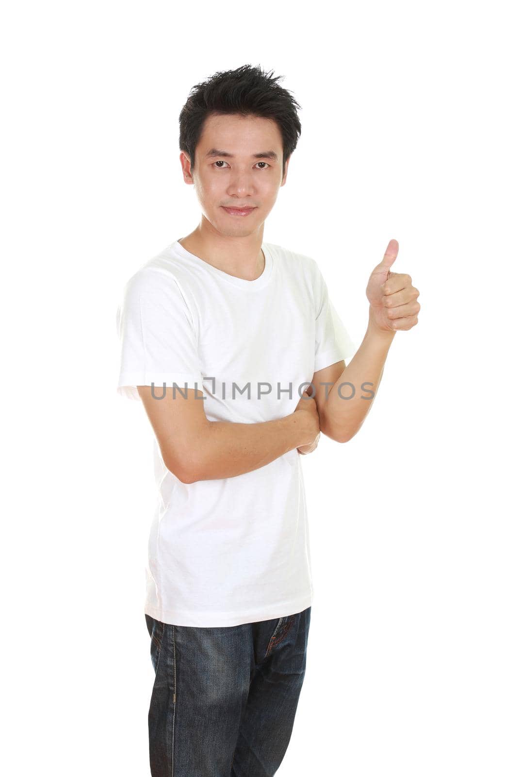 man in blank t-shirt with thumbs up isolated on white background