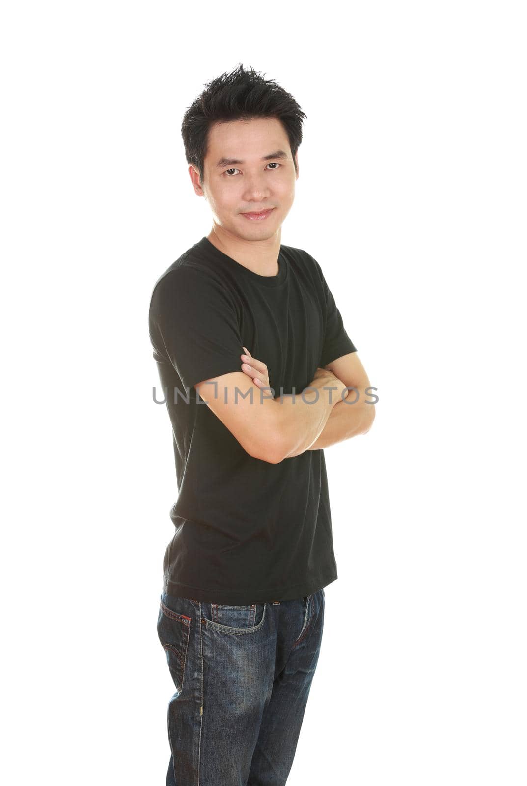 man with arms crossed, wearing black t-shirt isolated on white background