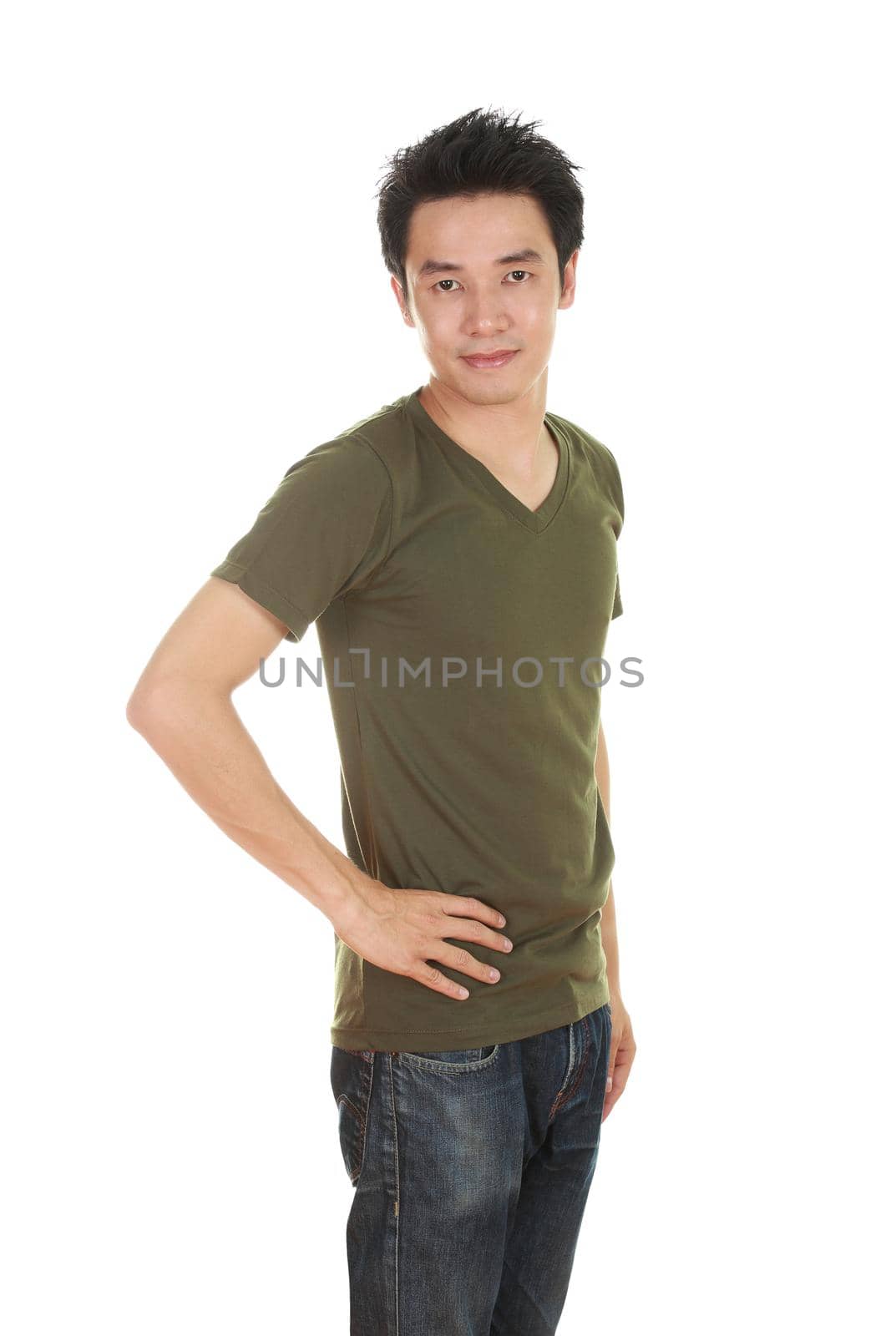 man with green t-shirt (side view) isolated on white background