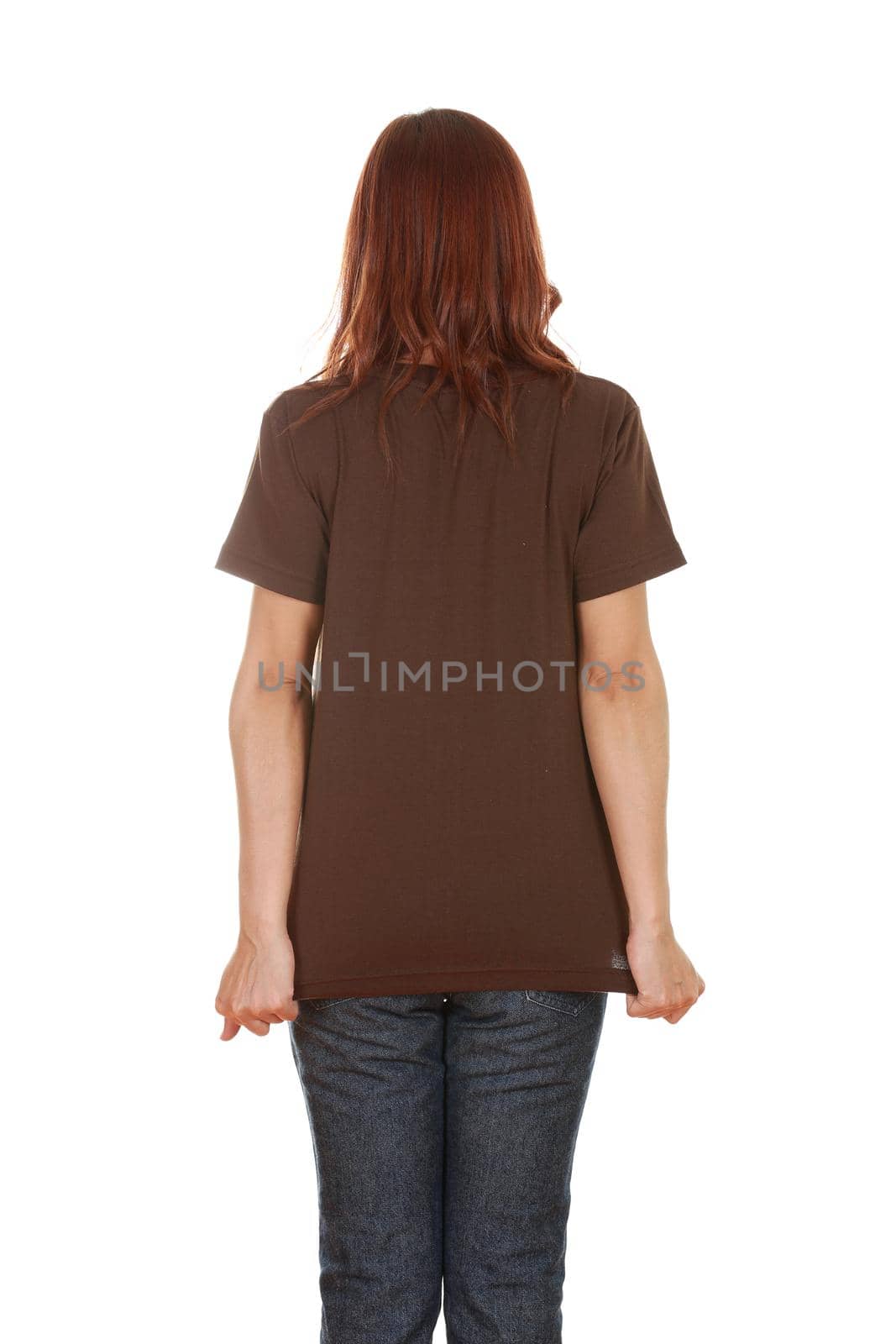 female with blank brown t-shirt (back side) isolated on white background