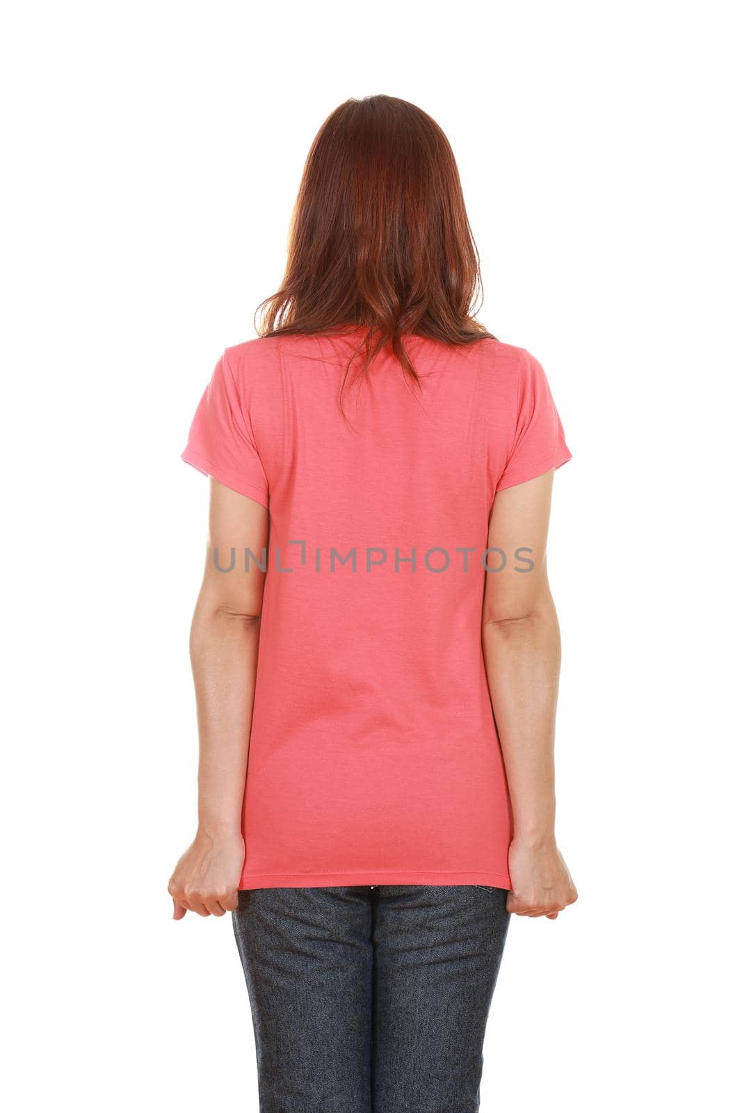 female with blank t-shirt (back side) isolated on white background