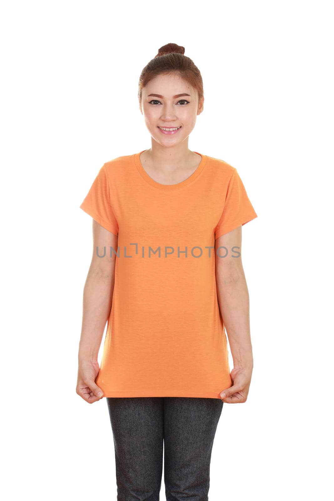 young beautiful female with blank orange t-shirt isolated on white background