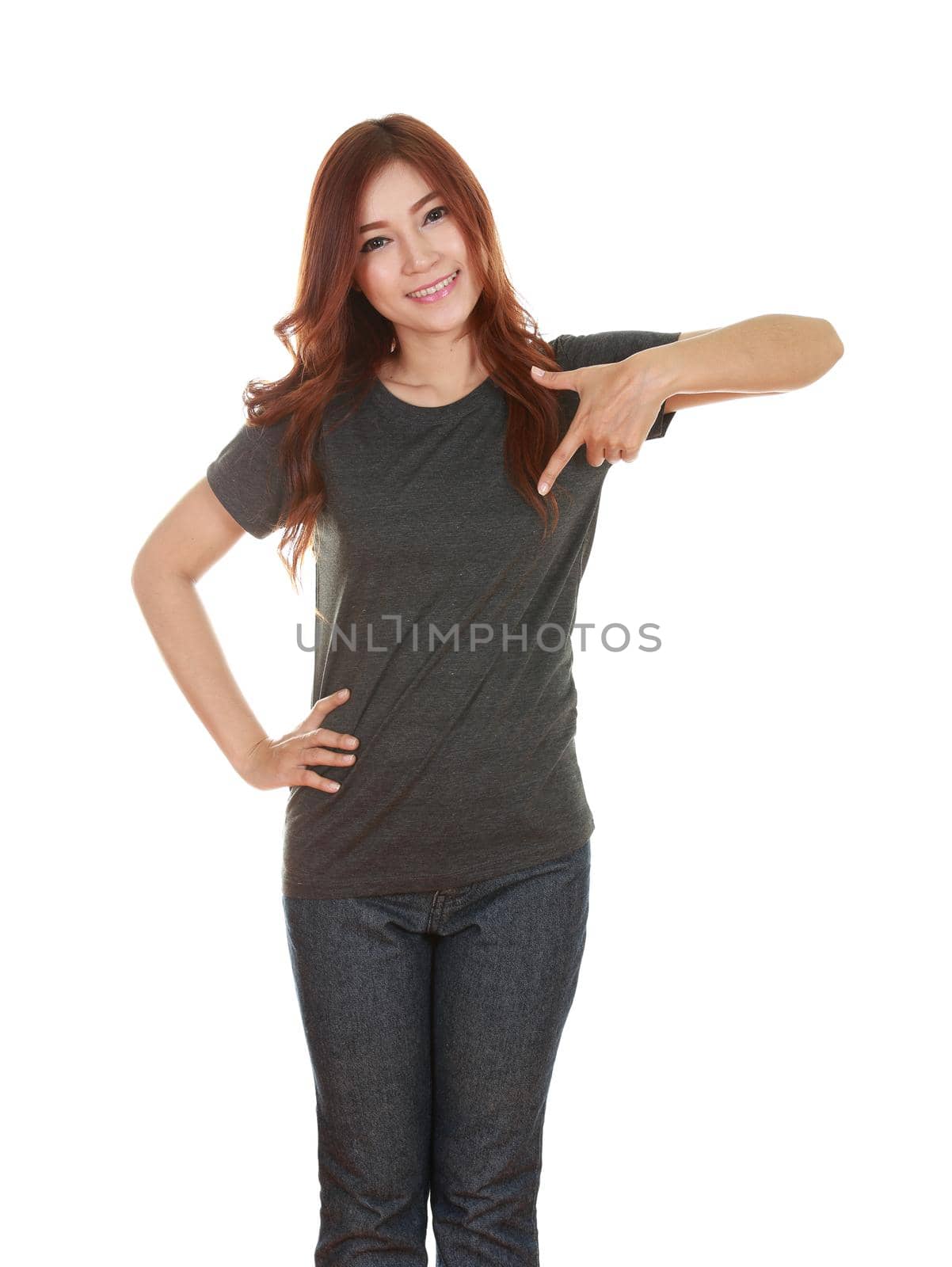 young beautiful female with blank black t-shirt isolated on white background