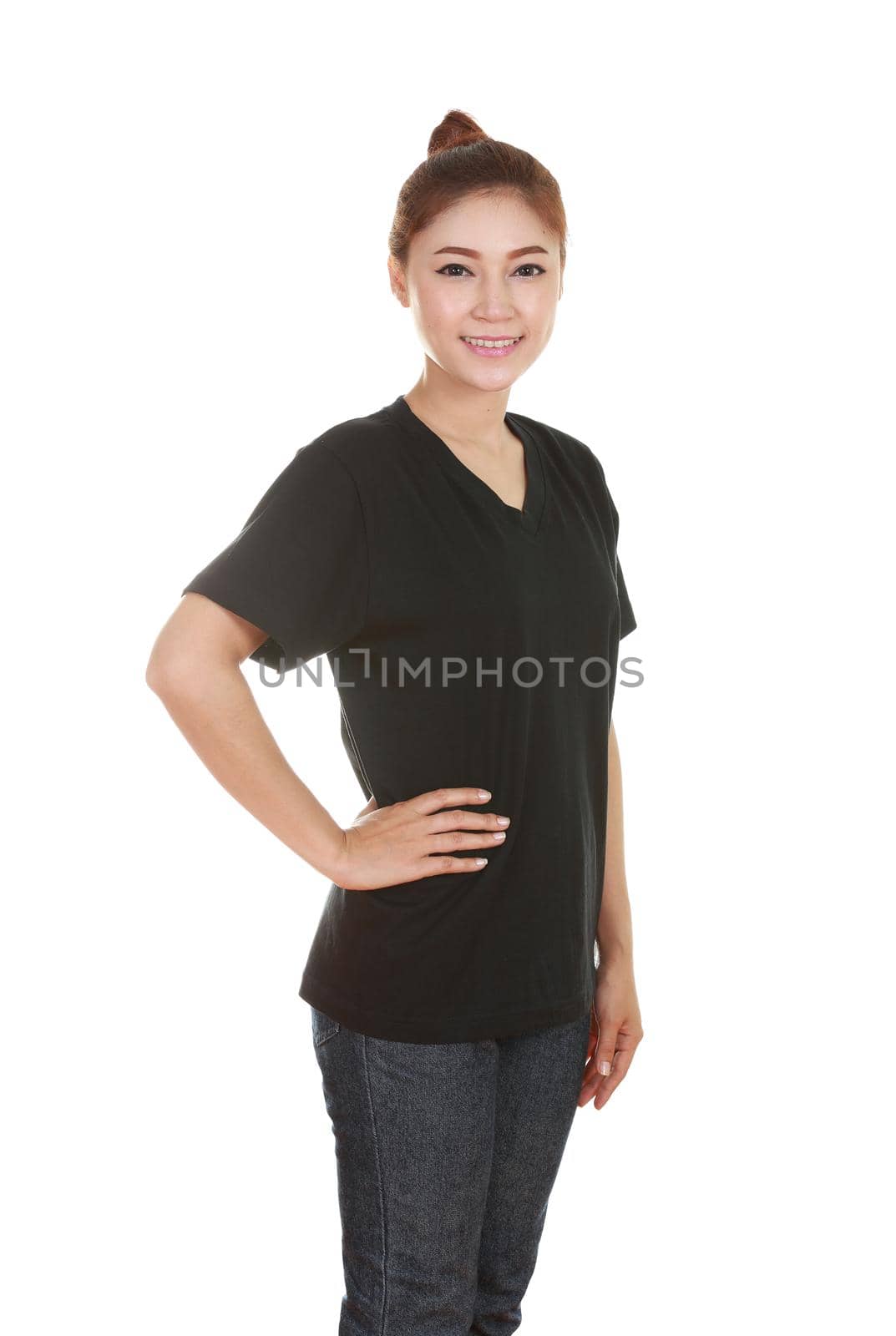 young beautiful female with black t-shirt (side view) isolated on white background