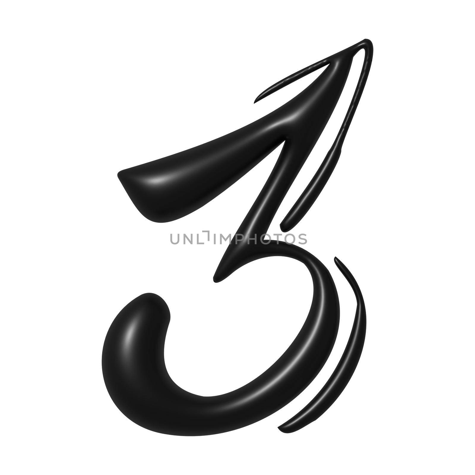 Black unique calligraphic numeral THREE 3 - 3D illustration by BEMPhoto