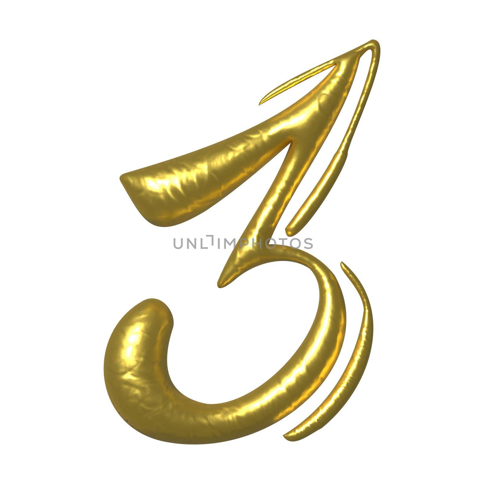 Golden shiny unique calligraphic numeral THREE 3 - 3D illustration by BEMPhoto