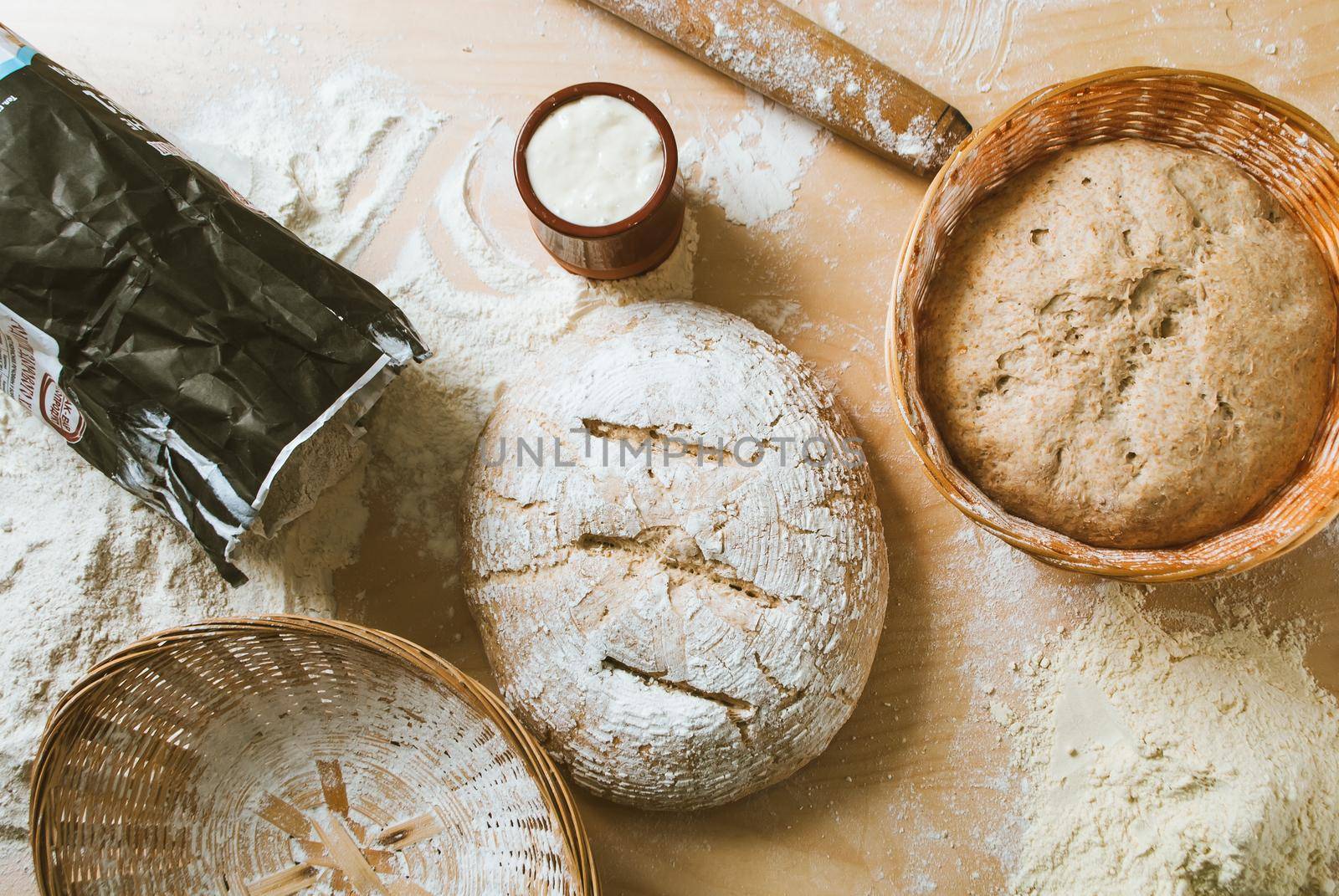 Homemade bread from wholegrain flour and fermented yeast ready to be backed