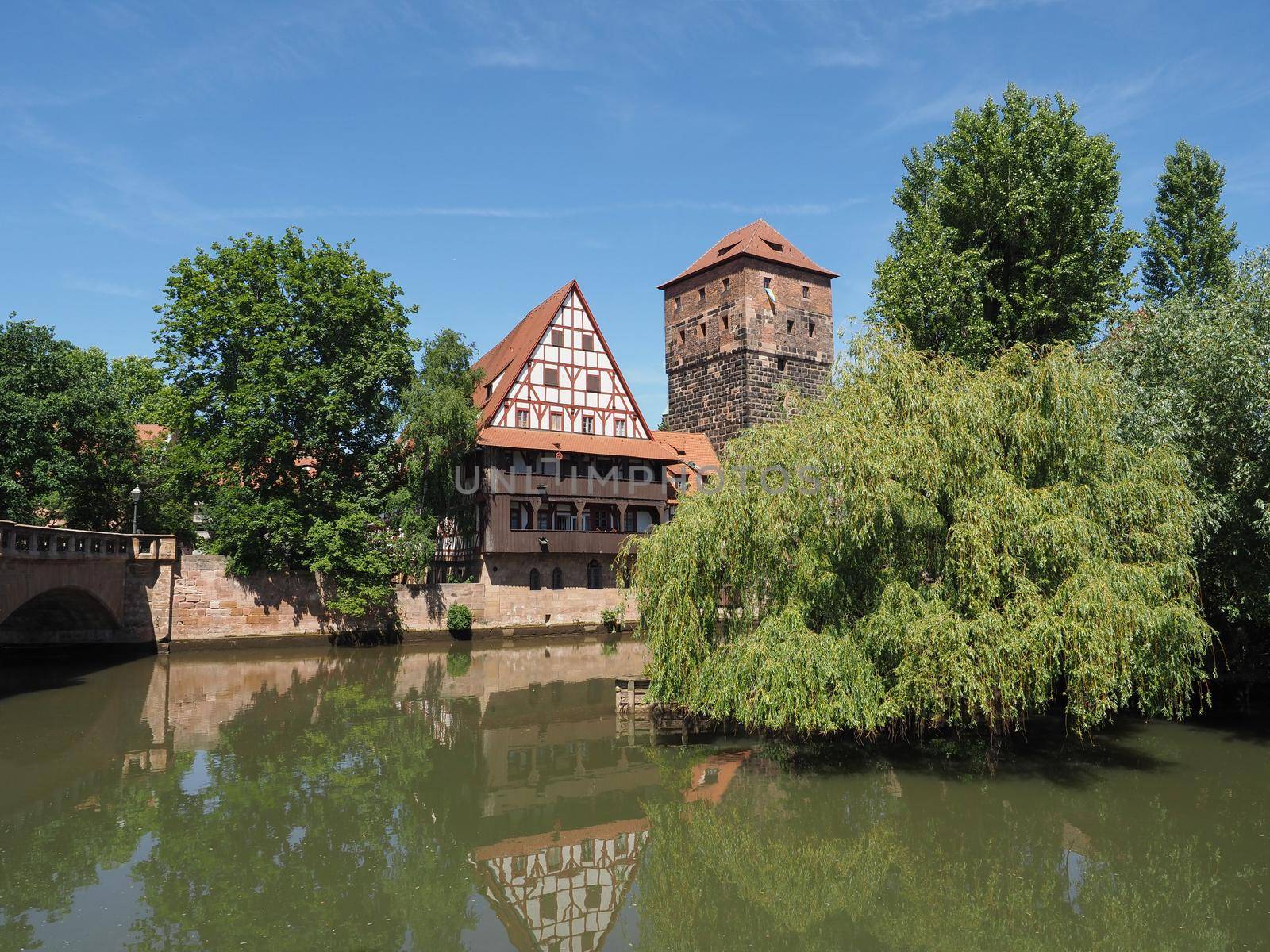 Weinstadel translation wine barn medieval building by river Pegnitz in Nuernberg, Germany