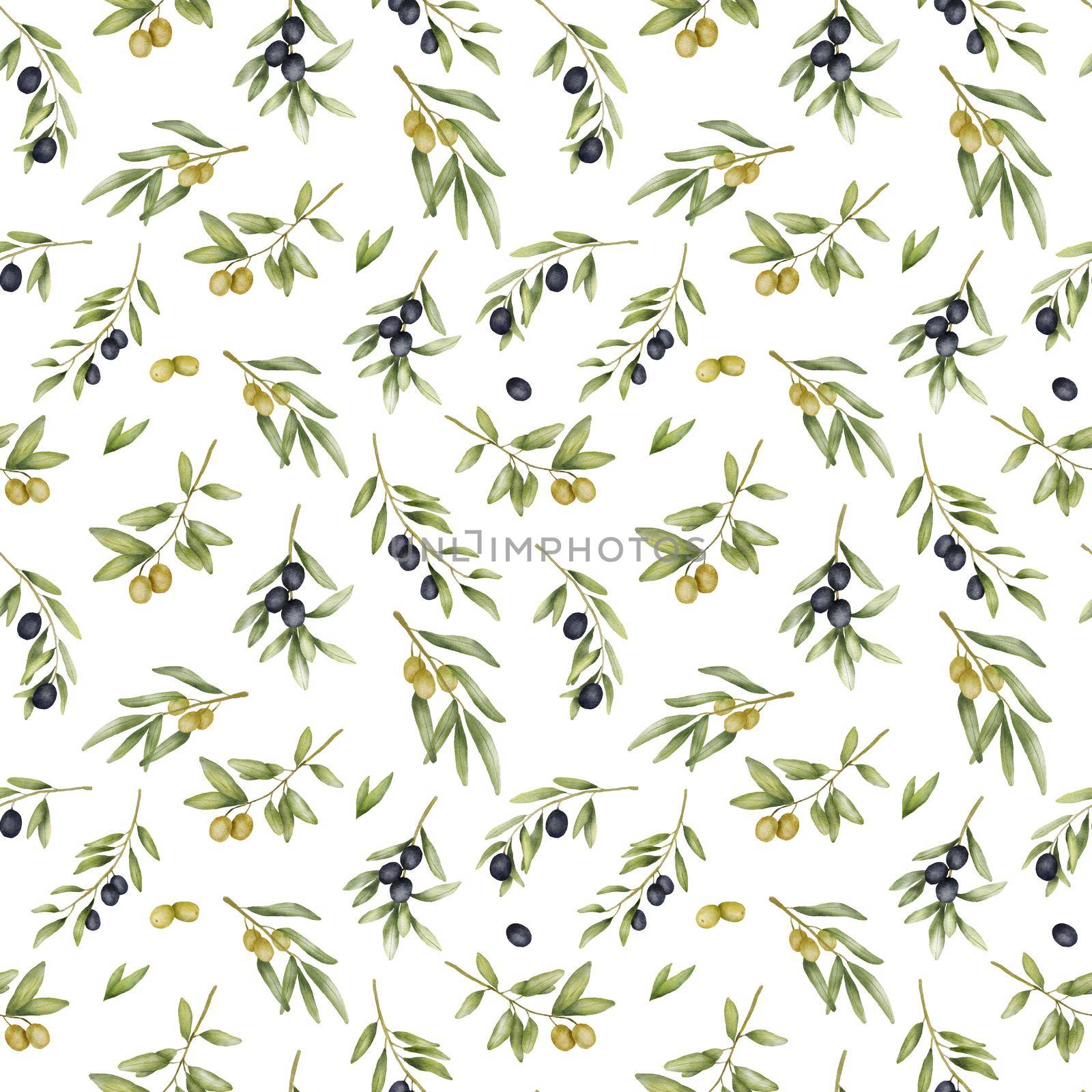 Seamless pattern with Olive branches watercolor drawing. Hand drawn illustration with leaves isolated on white. Food of mediterranean cuisine