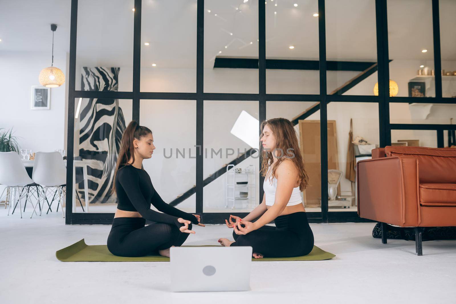 Two young women meditating in lotus pose at home by teksomolika