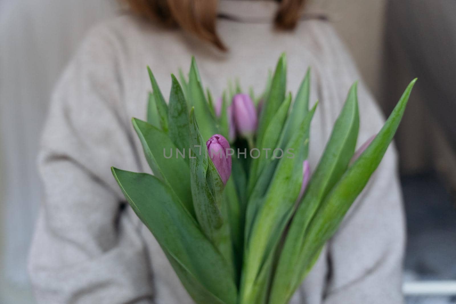 Close-up of a young woman holding a bunch of pink tulips by Varaksina