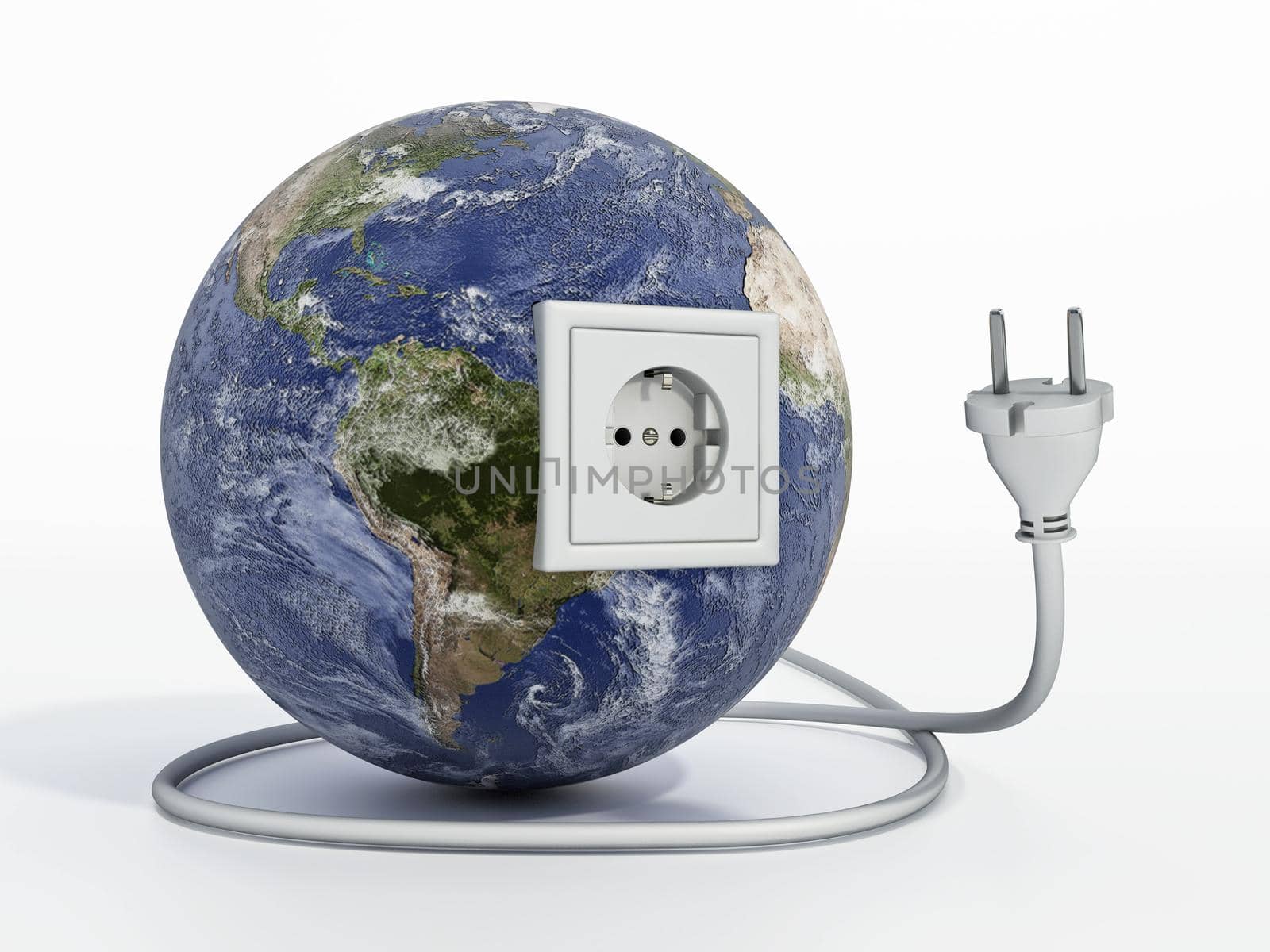 Earth with power socket and plug. 3D illustration.